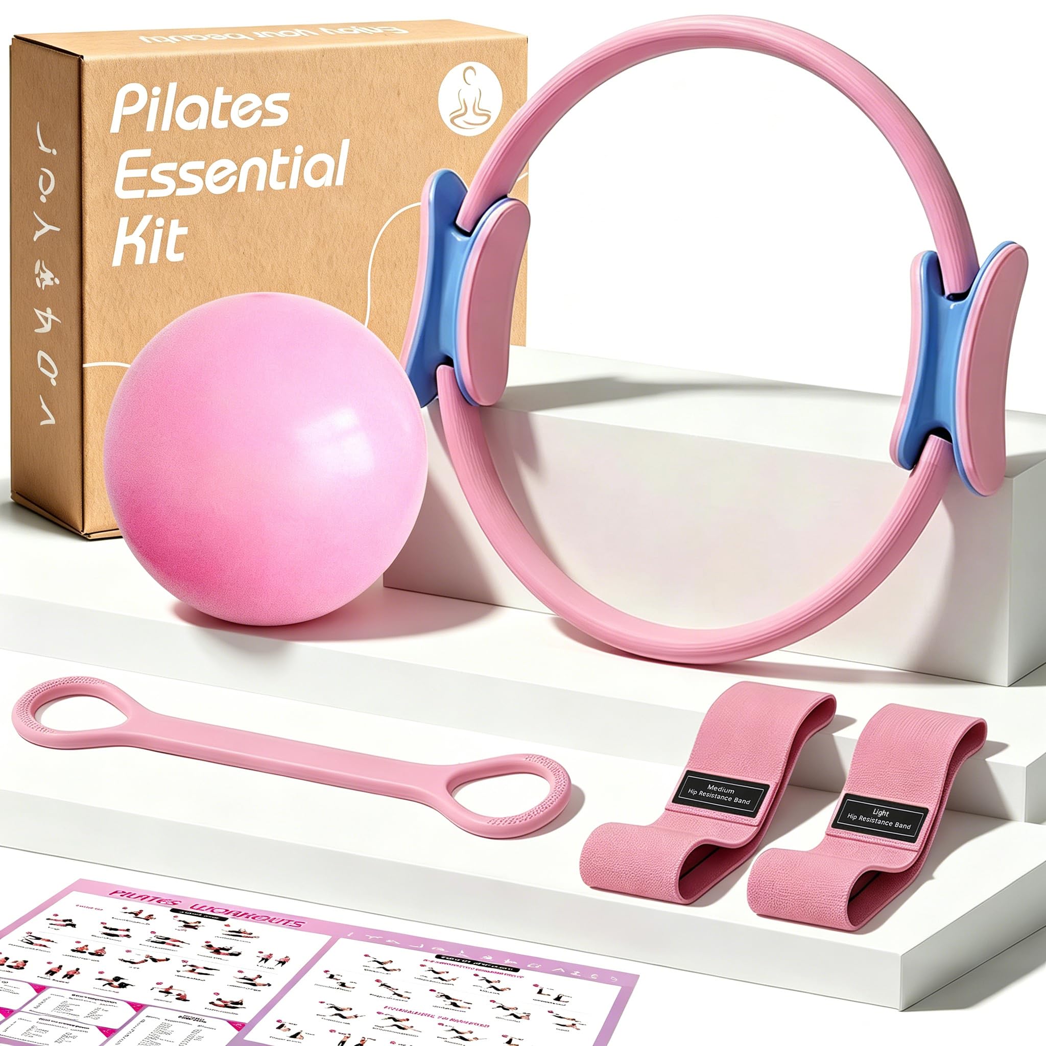 Pilates Ring and Ball Equipment Set for Women - Essential Home Balance Fitness Exercise Accessories Kit with Yoga Circle, Mini Ball, Back Opener Rope and 2 Hip Resistance Bands for Better Me