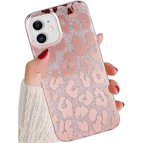 J.west iPhone 11 Case 6.1-inch, Luxury Saprkle Bling Glitter Leopard Print Design Soft Metallic Slim Protective Phone Cases for Women Girls TPU Silicone Cover Case Rose Gold