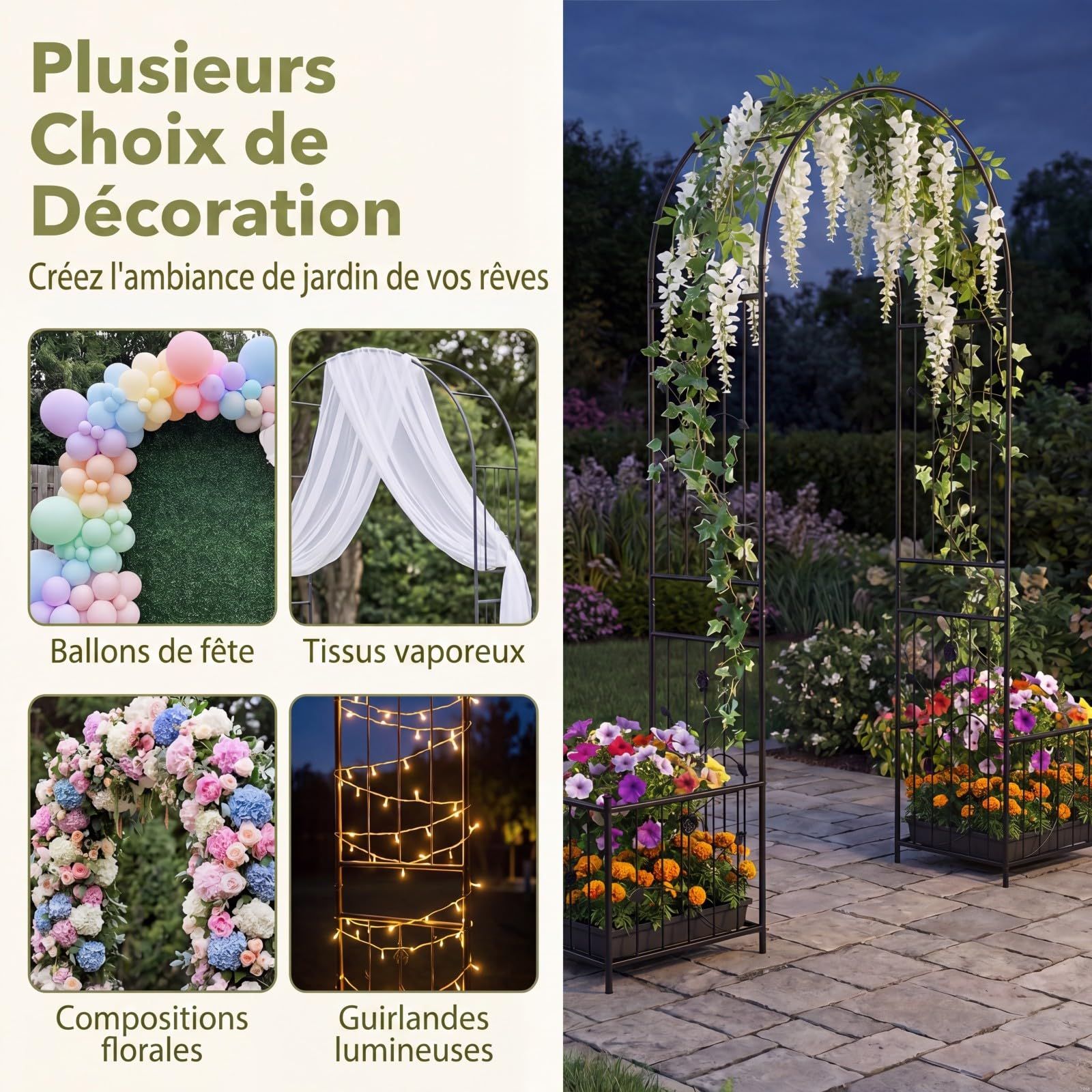 GYMAX Arche de Jardin avec 2 Jardinières, Treillis Métallique avec Pique pour Plantes Grimpantes & Rosiers, Arche de Rose avec bac à Fleurs, pour Mariage, Pelouse, Arrière-Cour