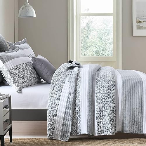Vista 9 de PERHOM Juego de edredón tamaño Queen – Juego de ropa de cama 100% algodón, colcha ligera reversible de retazos florales para cama Queen, gris Gris