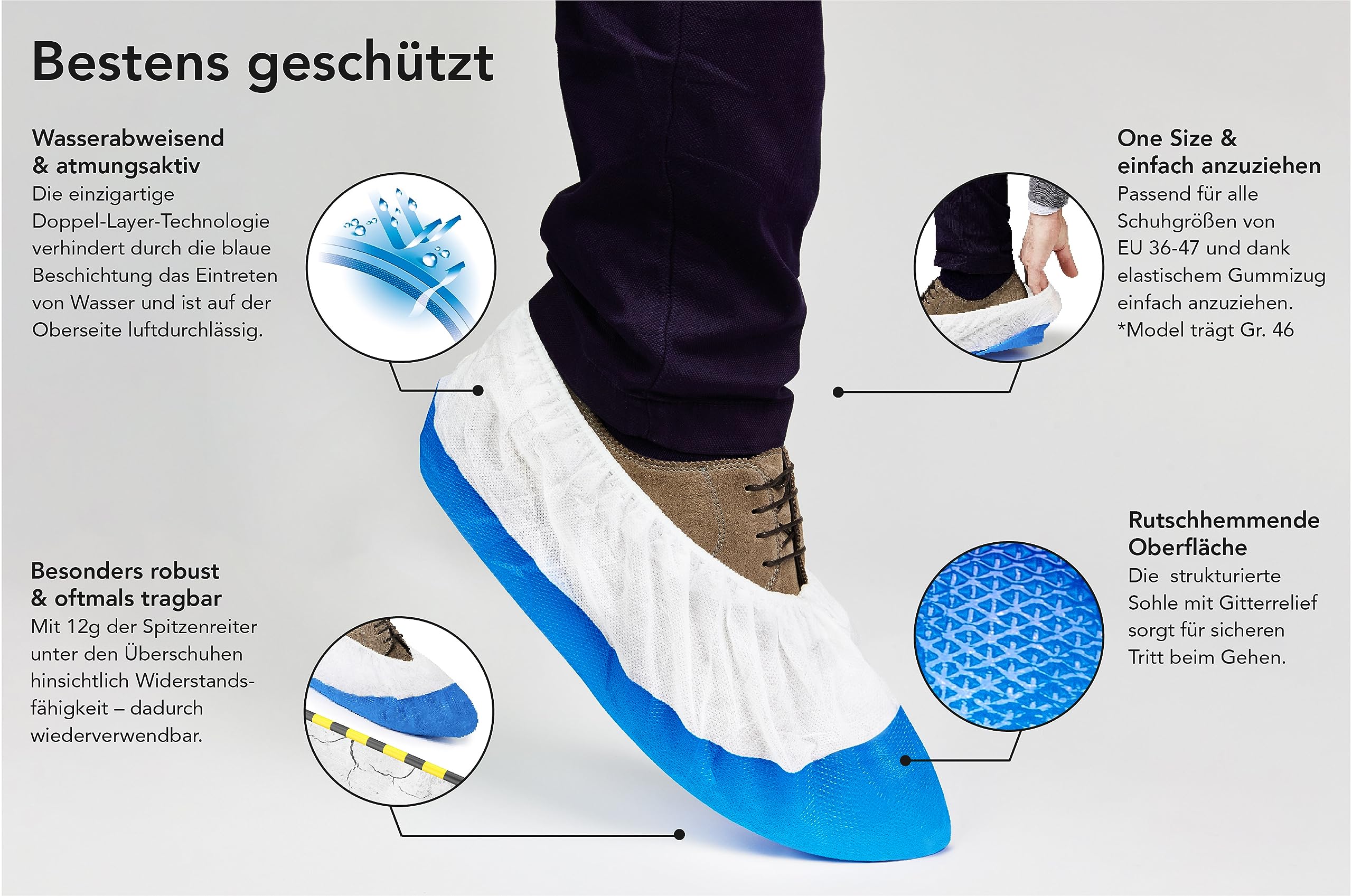 100x Extra starke 12g Einweg/Mehrweg Schuhüberzieher mit rutschfester Sohle - LONG LIFE - Wasserdicht & reißfest - Überschuhe für In- und Outdoor - ONESIZE