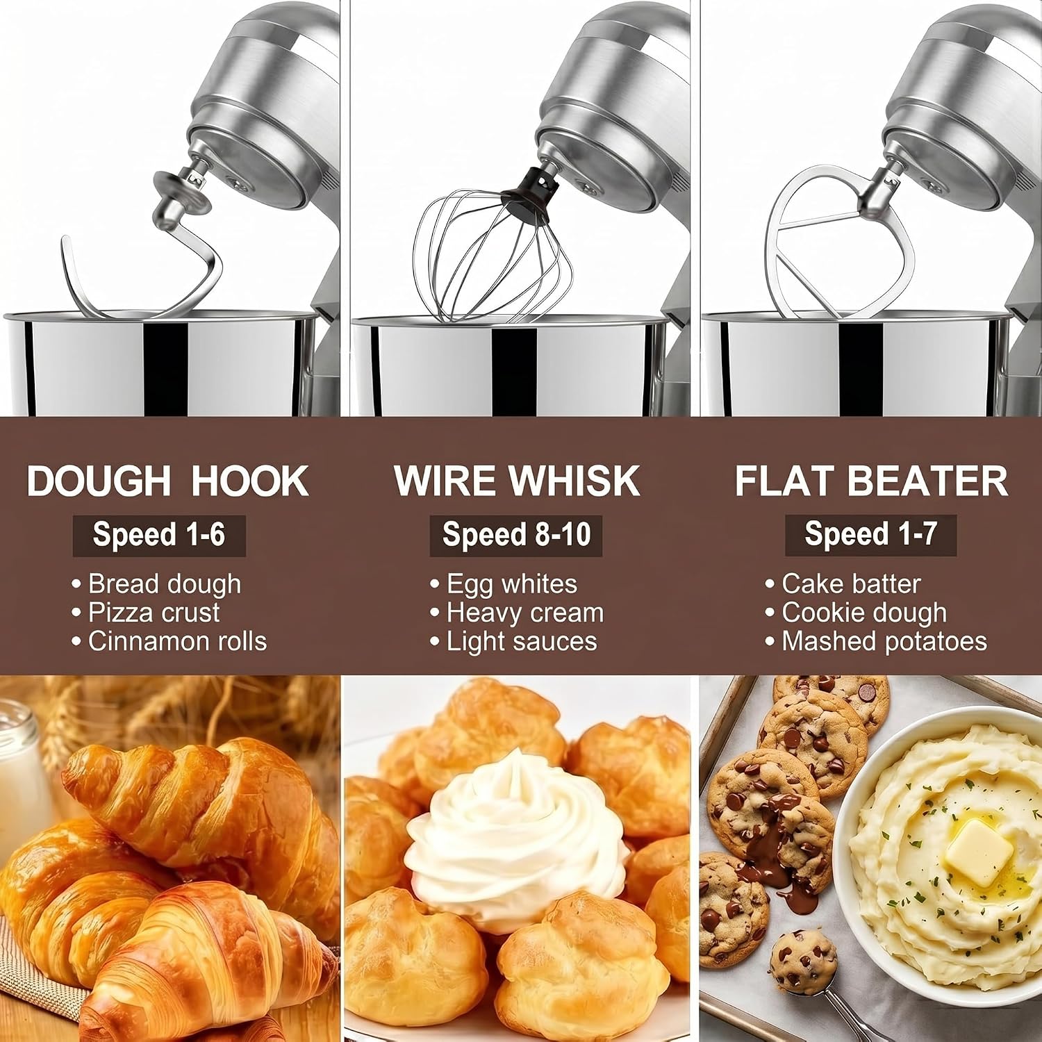 6in1 Stand Mixer with 6.5 Quart Bowl, 660W 10+p Speeds Kitchen Food Mixer Tilt-Head Bread Dough and Cake Mixers for Home Daily (Sliver)