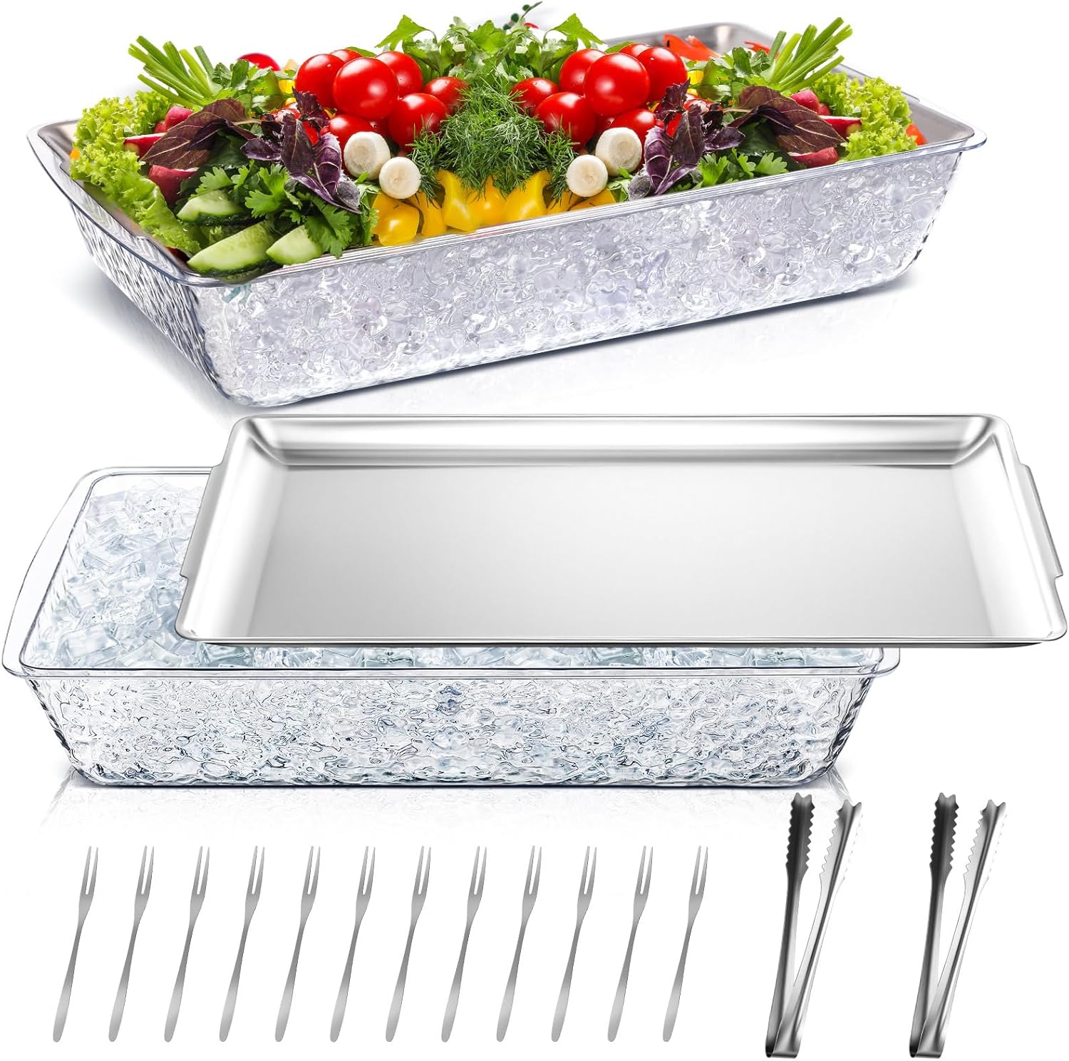 Baderke 2 Set 16" x 9.45" Chilled Serving Tray for Parties with Compartments Ice Chilled Party Platter Charcuterie Serving Board with Forks Tongs for Fruit Seafood Vegetable Appetizer (Silver) 2 Silver