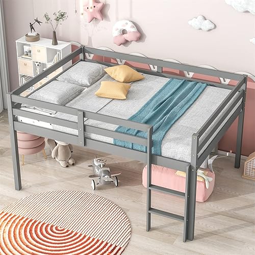 Miniatura 4 de Cama alta de tamaño matrimonial para niños y niñas, cama alta de madera con barandilla de seguridad y escalera, marco de cama baja, no necesita