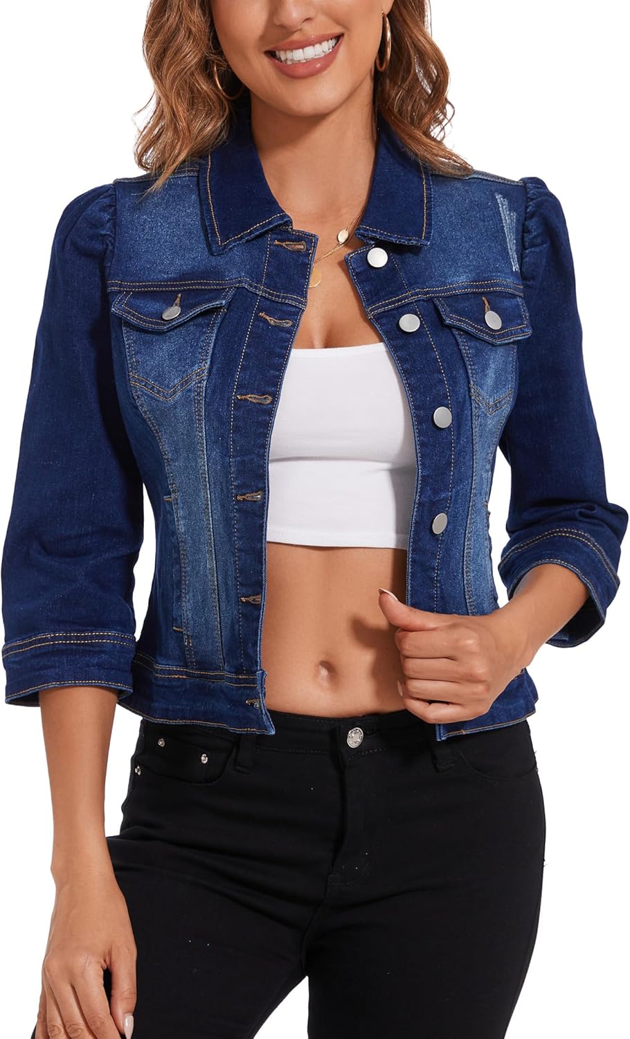 Anienaya Women's Jean Jacket Cropped Denim Jacket Stretchy 3/4 Puff Sleeve Distressed with Pockets