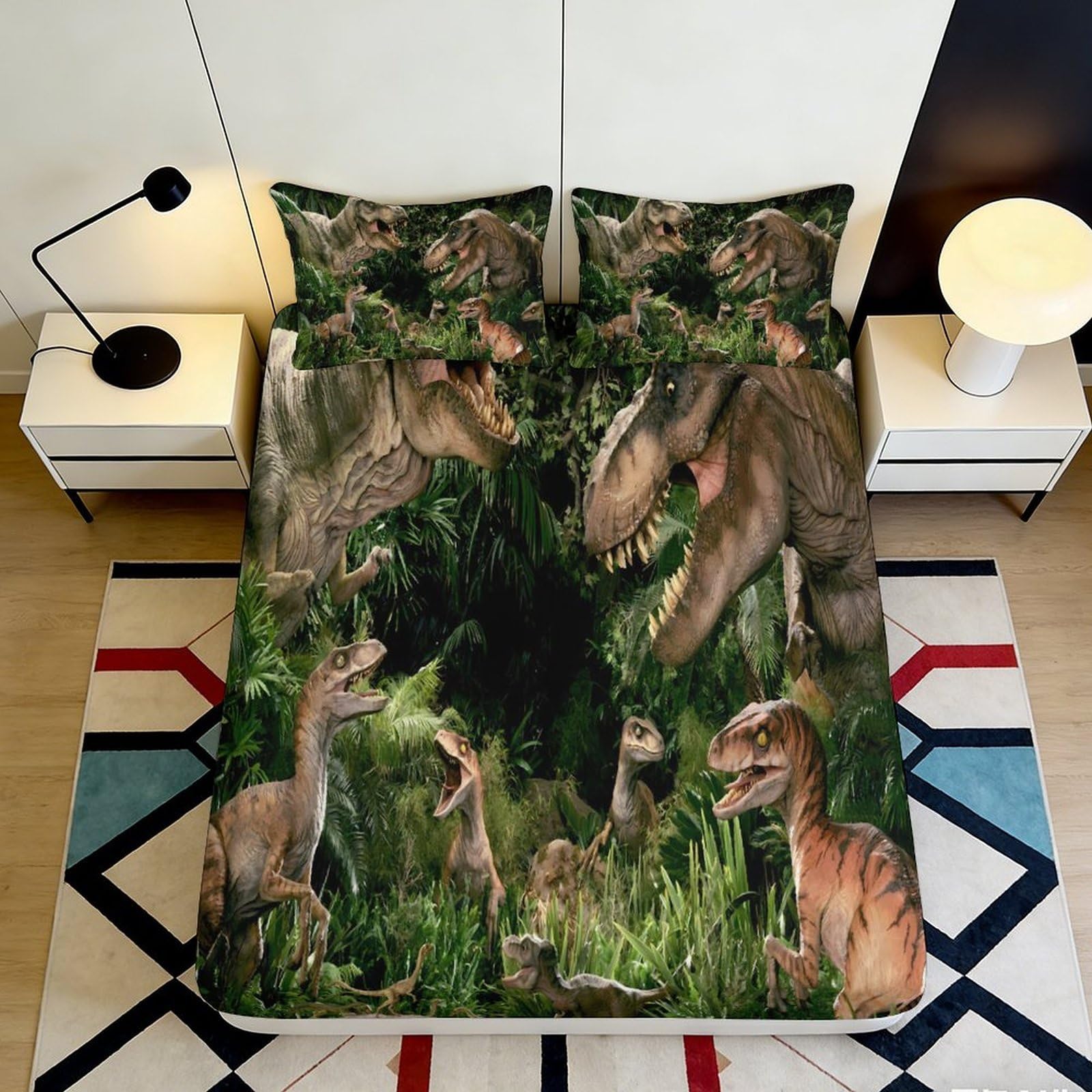 3D Printed Dinosaur Jurassic Fitted Sheet Microfiber Soft Breathable Prehistoric Bed Cover for Bedroom Dormitory Guest Room Mattress Protection 90x200x25cm