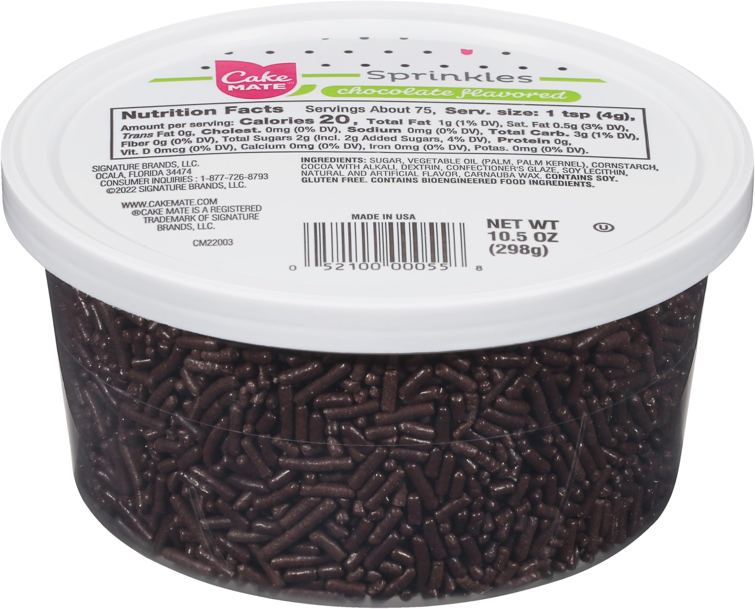Cake Mate Chocolate Sprinkles with lid - Dessert Sprinkles for Ice Cream, Cookies, and Brownies, 10.5 oz Tub (Chocolate Jimmies)
