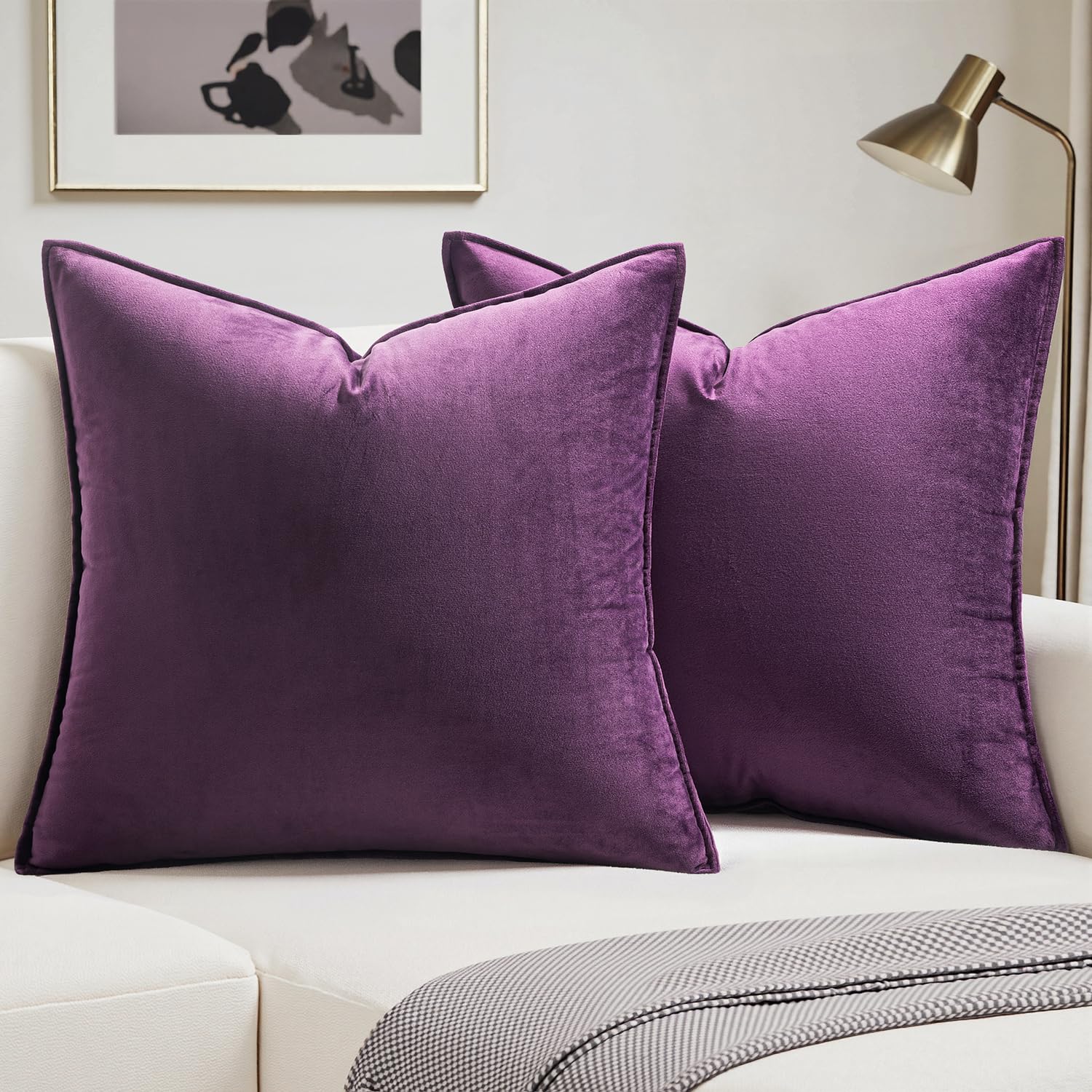 MIULEE Velvet Cushion Covers 45cm x 45cm Aubergine Decorative Square Throw Pillow Covers Flanges Pillowcases Soft for Livingroom Sofa Bedroom with Invisible Zipper 18 x 18 Inch Pack of 2