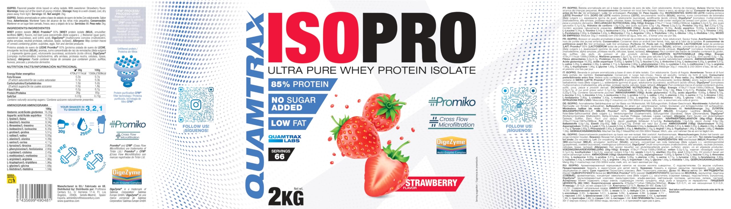 Quamtrax Nutrition - Isopro CFM (Aislado de Proteínas de Suero de Leche) - 2 kg - Sabor Fresa - Alto contenido proteico, rápida absorción y bajo en grasas