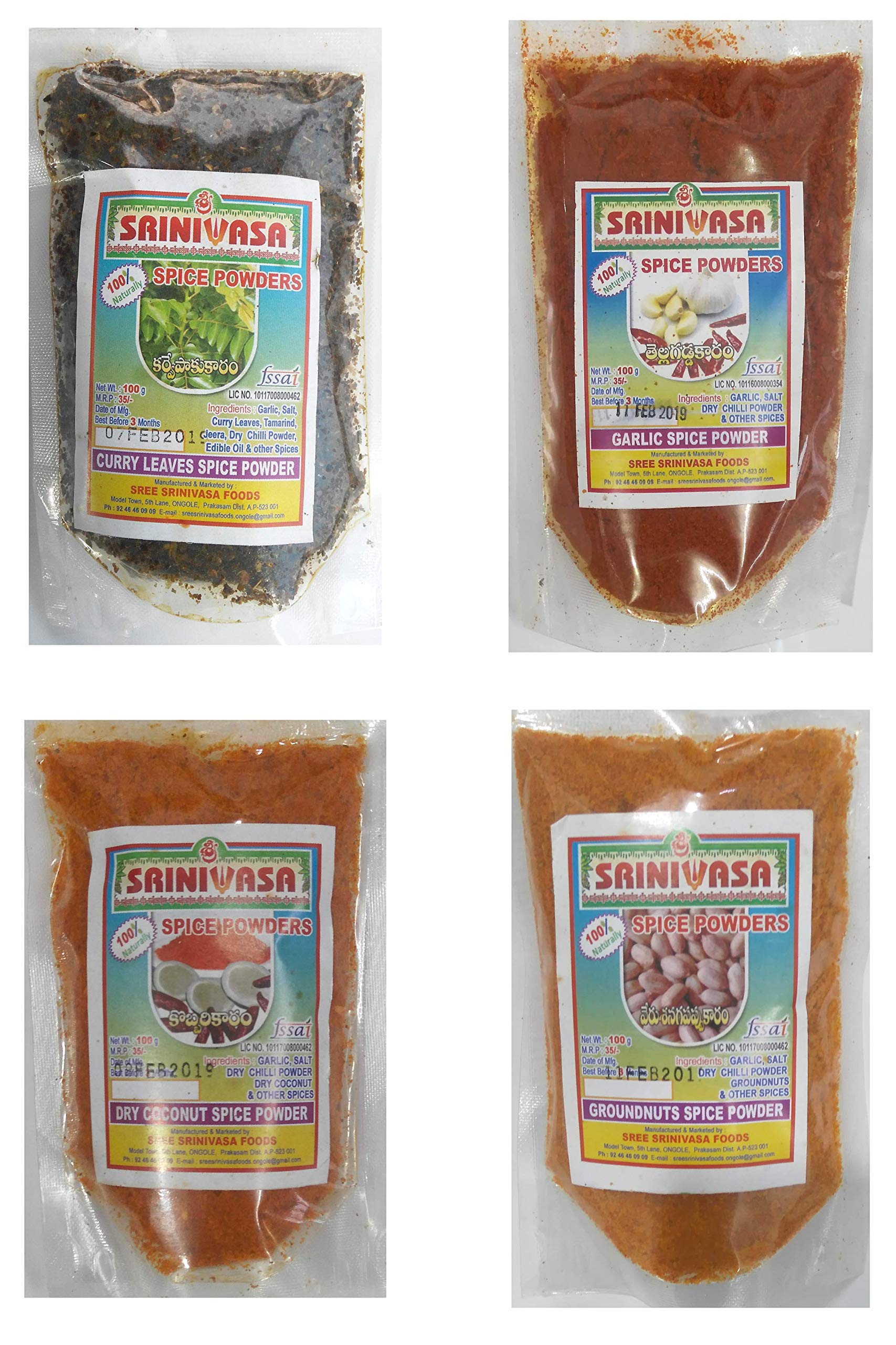 Sreenivasa Andhra Special Spicy Powder Combo - Pack of 4 x 100gm (Curry Leaves Spicy Powder, Groundnut Spicy Idly Powder, Garlic Spicy Powder & Dry Coconut Spicy Powder) (B07NRXZ1DJ) Amazon Price History, Amazon Price Tracker