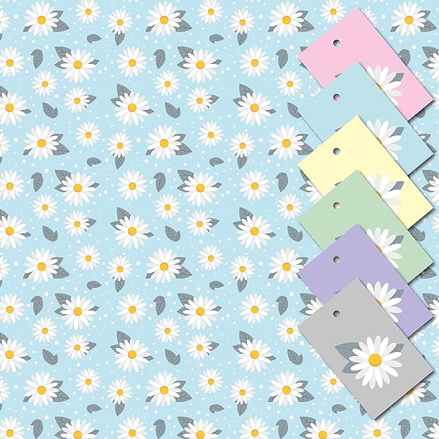Daisy Wrapping Paper. 5 XL Sheets (50 x 70cm). Gift Wrap with matching Tags. Cutting grid on reverse.