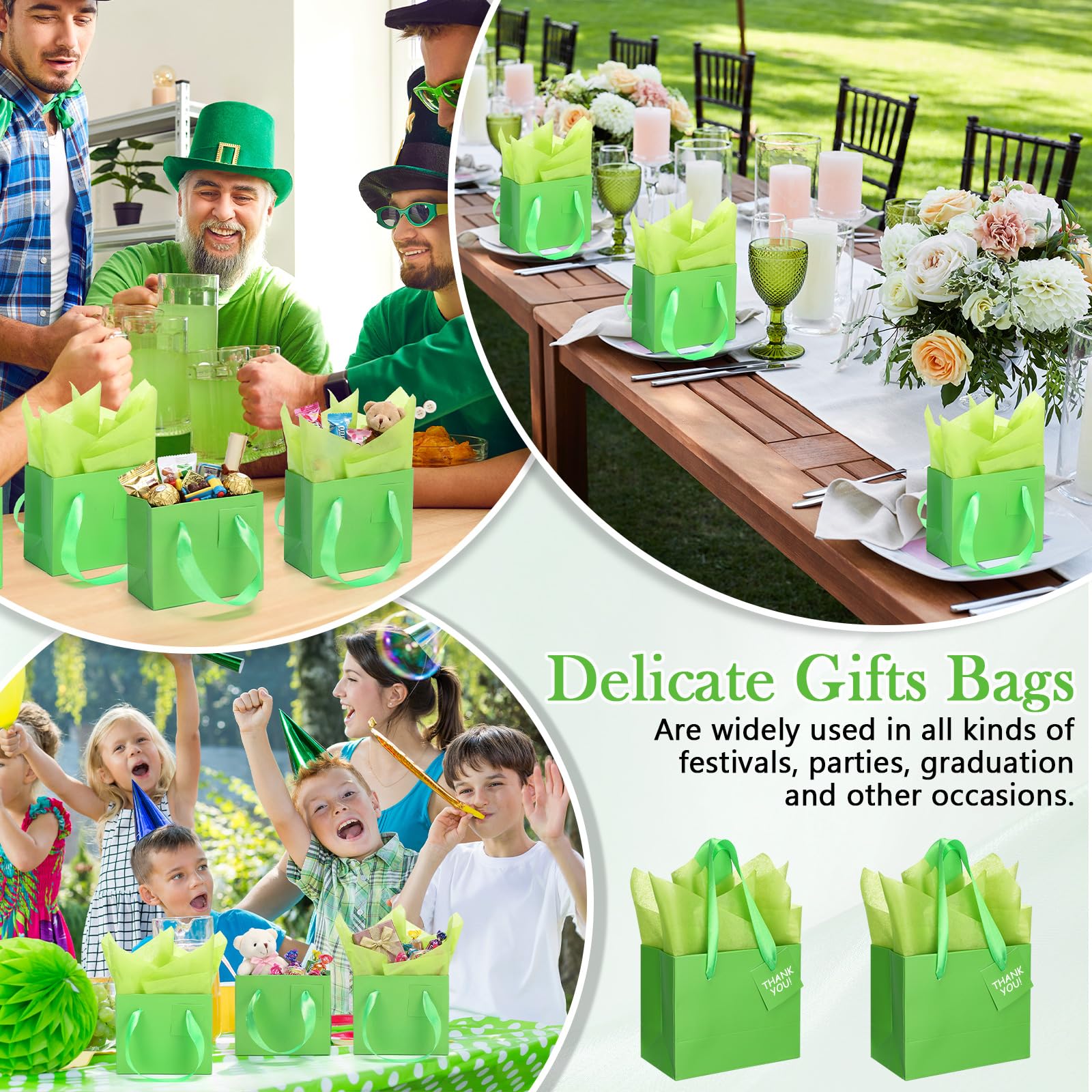 Qilery Mini-Geschenktüten aus Papier, Großpackung mit Seidenpapier, kleine Geschenktüten mit Griff und Etiketten, für Geburtstag, Hochzeit, Erntedankfest, Weihnachten, Party, Geschäft (Grasgrün, 11,9