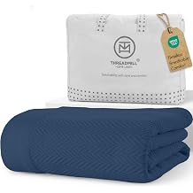 Threadmill Luxury Cotton Blankets for King Size Bed | All-Season Cozy 100% Cotton King Size Blanket | Herringbone Soft Fall Thermal Blanket fits Cal King Size Bed | Folkstone Blue