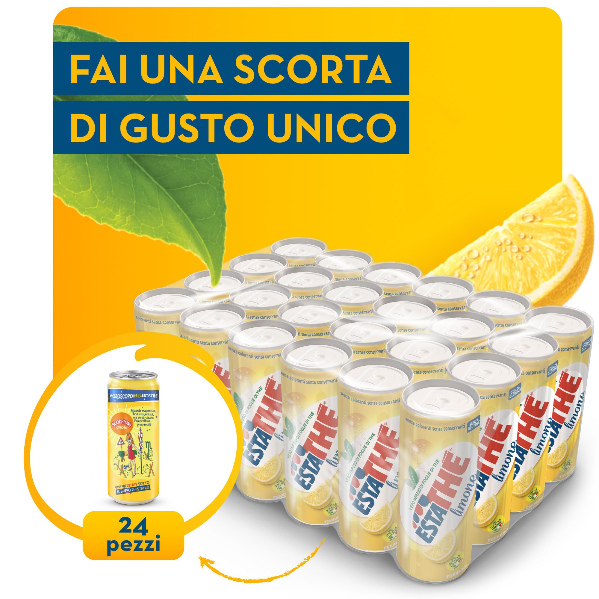 Estathé Limone - The Freddo con Vero Infuso di Foglie di The e Succo di Limone, Bevanda Analcolica Senza Glutine, 24 Lattine da 330 ml