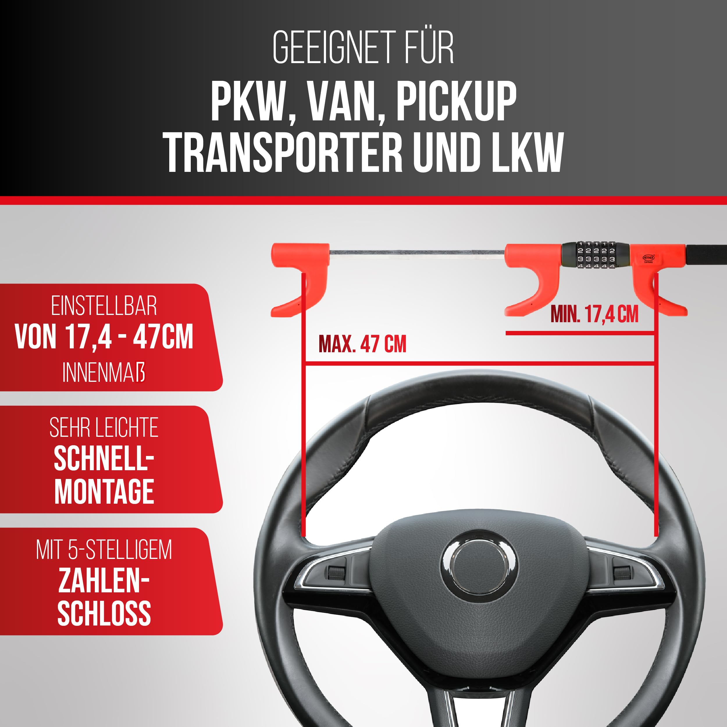 HEYNER® Lenkradsperre Wegfahrsperre mit Zahlenschloss Diebstahlsicherung für PKW extra lang