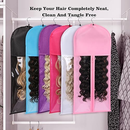 Miniatura 8 de Bolsas de almacenamiento para peluca con colgador - Soporte de extensión de cabello para peinar - 3PCSROSA