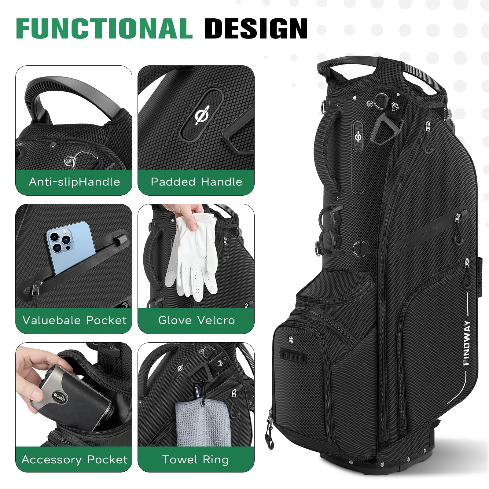 Findway Golf Bag, 14er Unterteilung Golf Stand Carry Trolley Bag, Golf Hybrid Bag Golftasche, leichte Pencil Bag tragbar für Männer & Frauen
