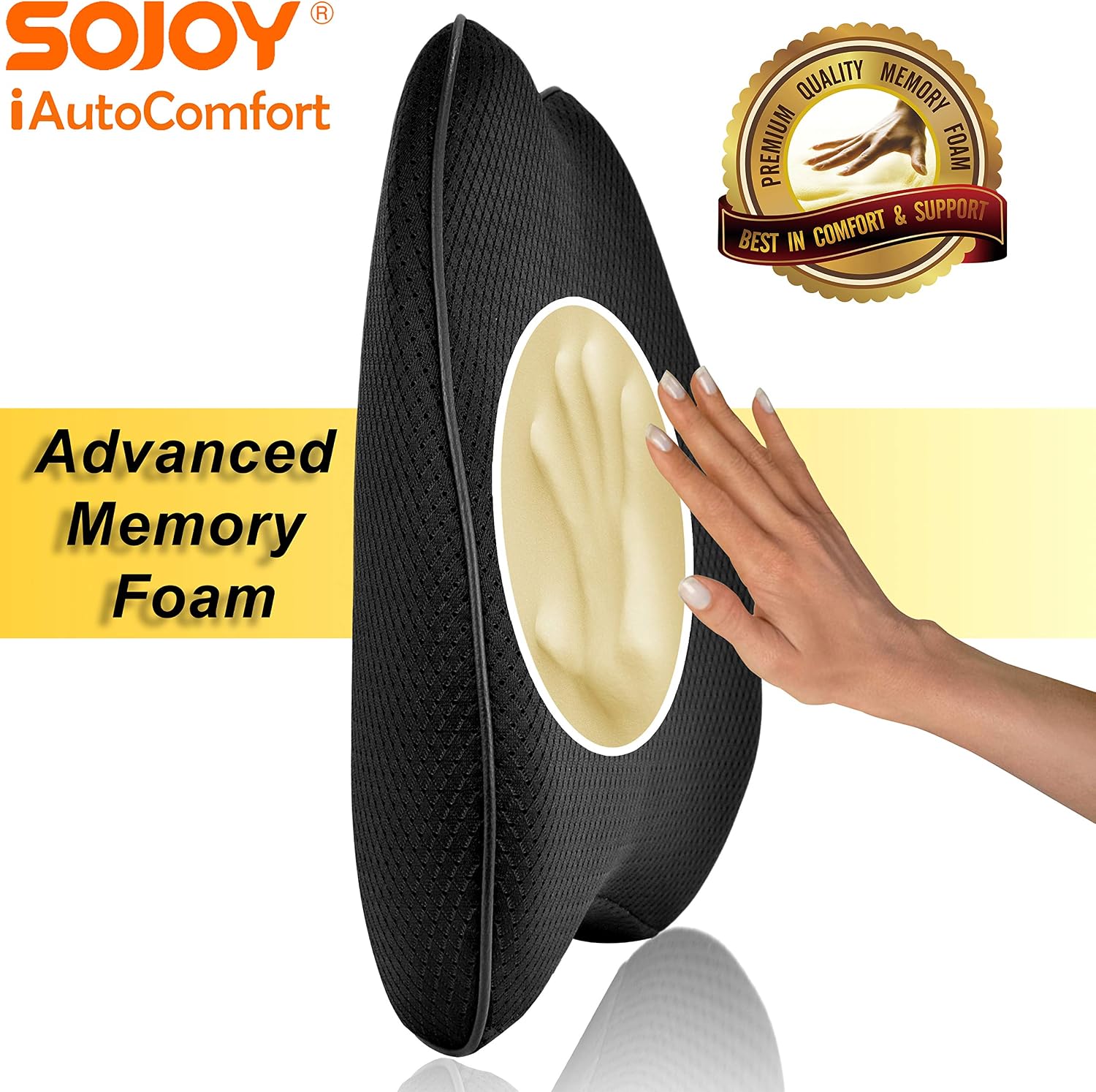 Sojoy Lumbar Support for Car Seats,Home, Office- Comfortable Memory Foam Back Cushion - Ergonomic Streamlining Support -Black (18x16x4)