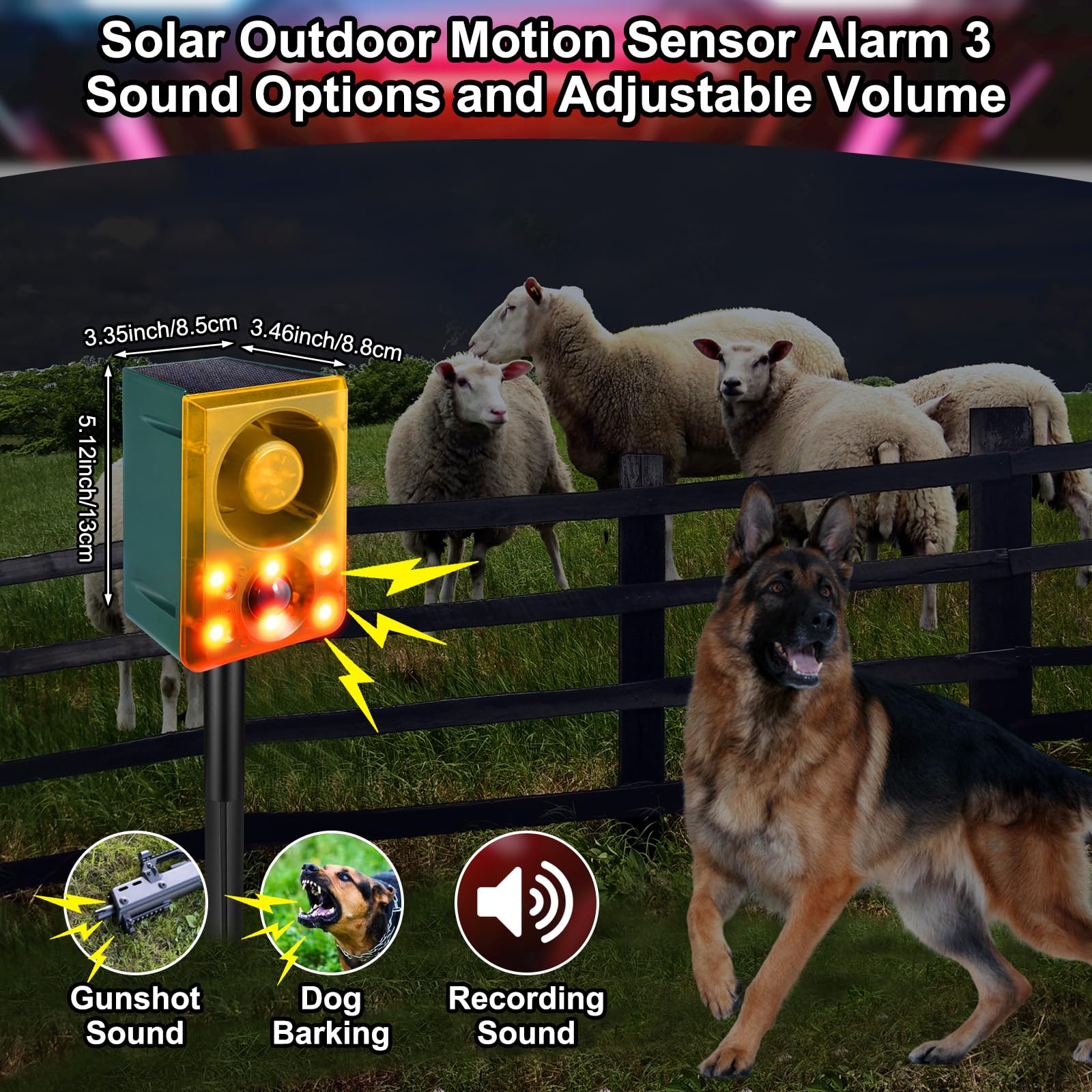 Qualirey Allarme solare per esterni con sensore di movimento con picchetto, spari e suoni che abbaiano del cane, 3 modalità di supporto per la registrazione e il volume regolabile, ricarica USB, 129