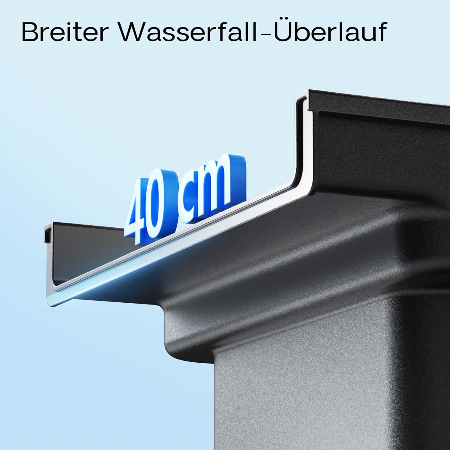 Close-up of the 40 cm wide waterfall overflow of SunSun CWF-400