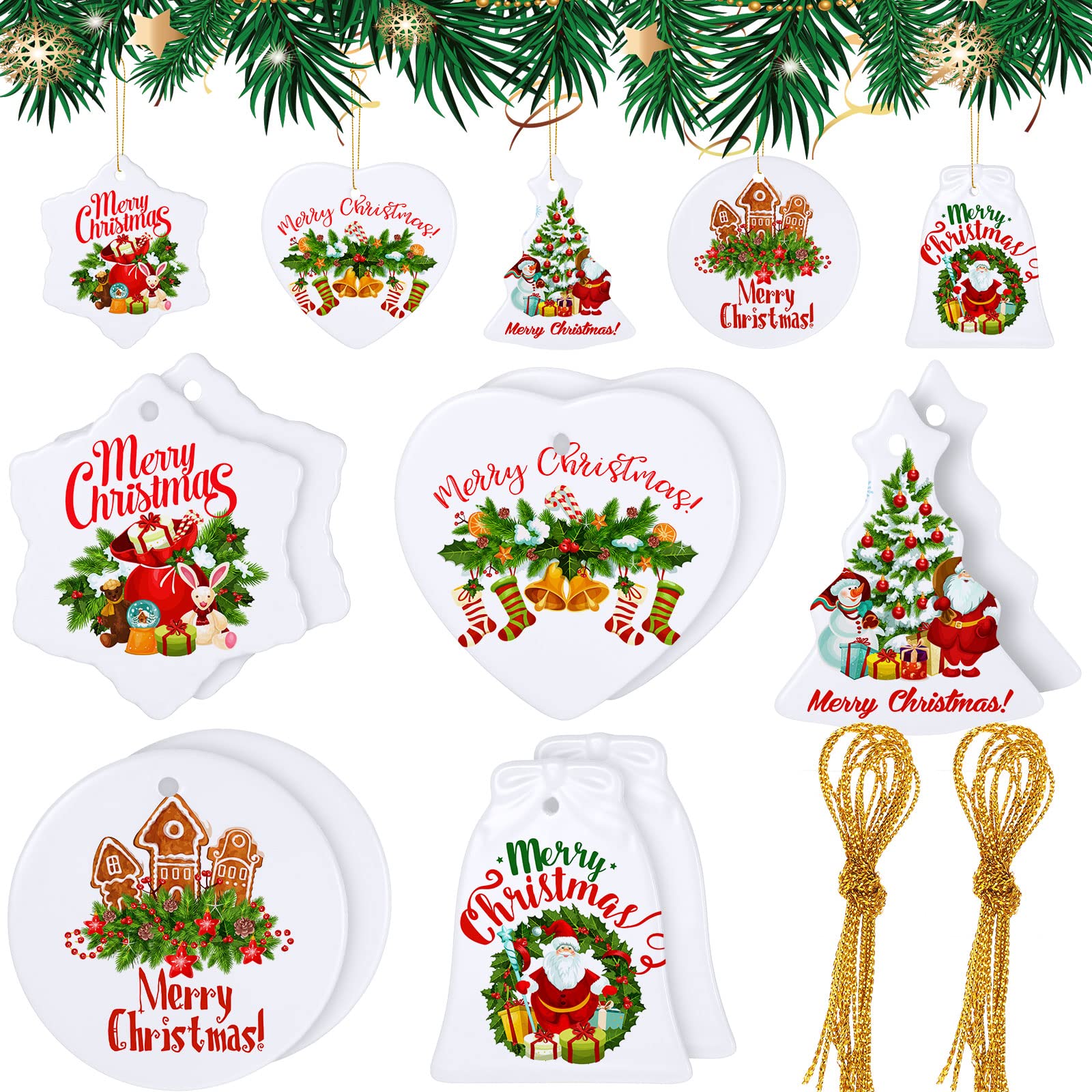10 Pieces Christmas Sublimation Ceramic Ornament Sublimation Blank Christmas Tree Ornament Christmas Hanging Sublimation Blank Pendant Tree Heart Christmas Bell Snowflake Porcelain Ornament with Rope