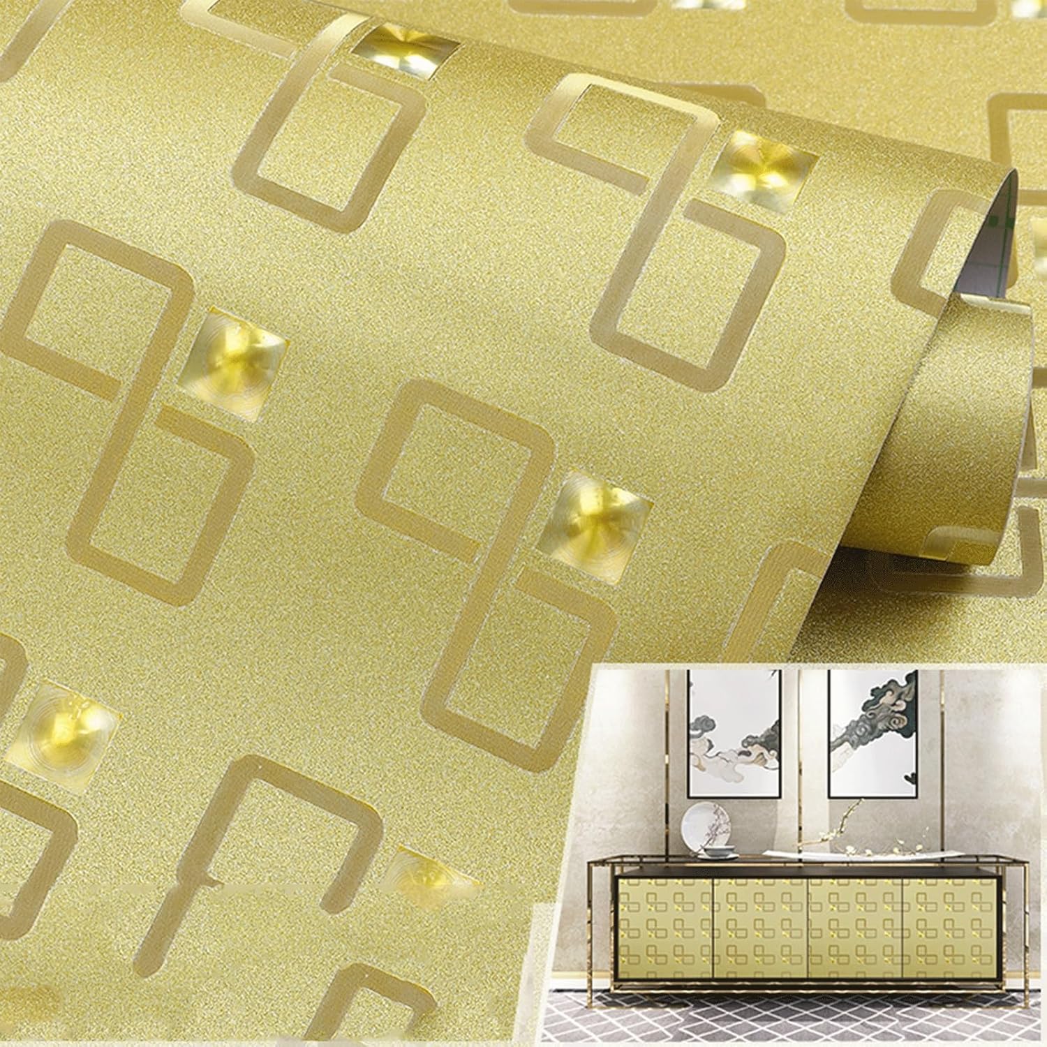 Peel-and-Stick Wallpaper Retro Gold and Silver Light-Colored Luxury Wallpaper Waterproof self-Adhesive Suitable for Cabinet Walls(Lock Pattern,60cm)