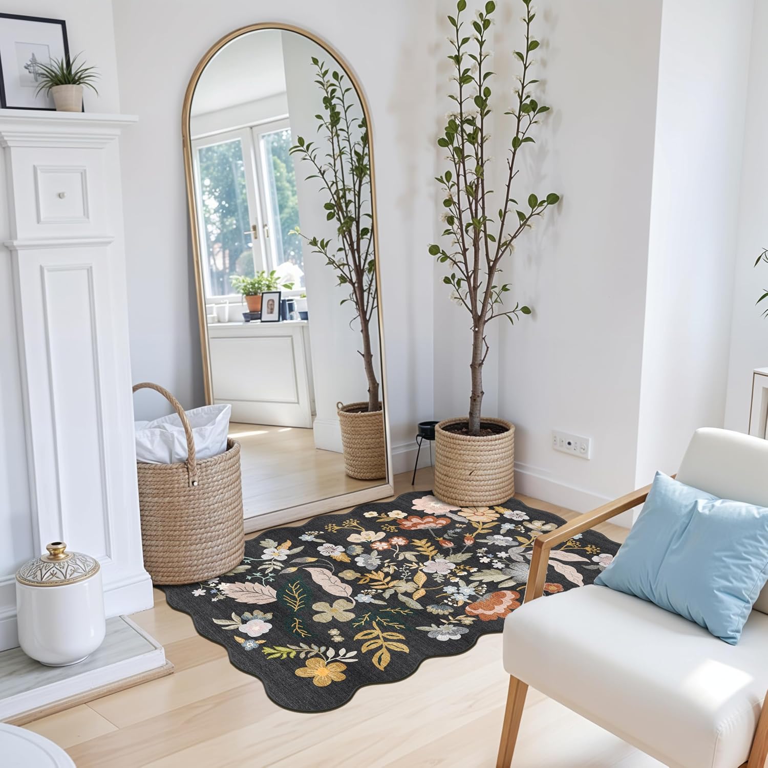 3x4 Rug Washable for Entryway – Non-Slip Scalloped Floral Small Area Rug for Kitchen, Bedroom, Bathroom – Boho Soft Low-Pile Thin Indoor Door Mat （Black,3x4）