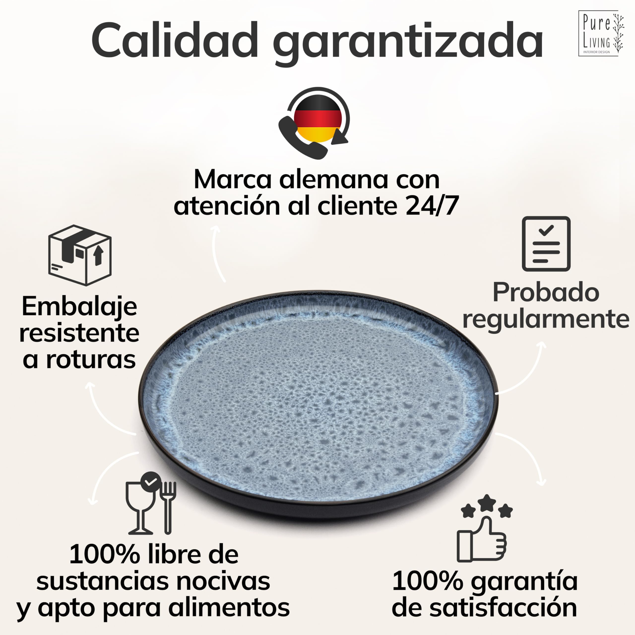 Juego de 6 Platos Grandes de Gres Ibiza - Elegantes Platos para Comida, Apto para Lavavajillas y Microondas - Set de Vajilla para 6 Personas - Pure Living en azul humo