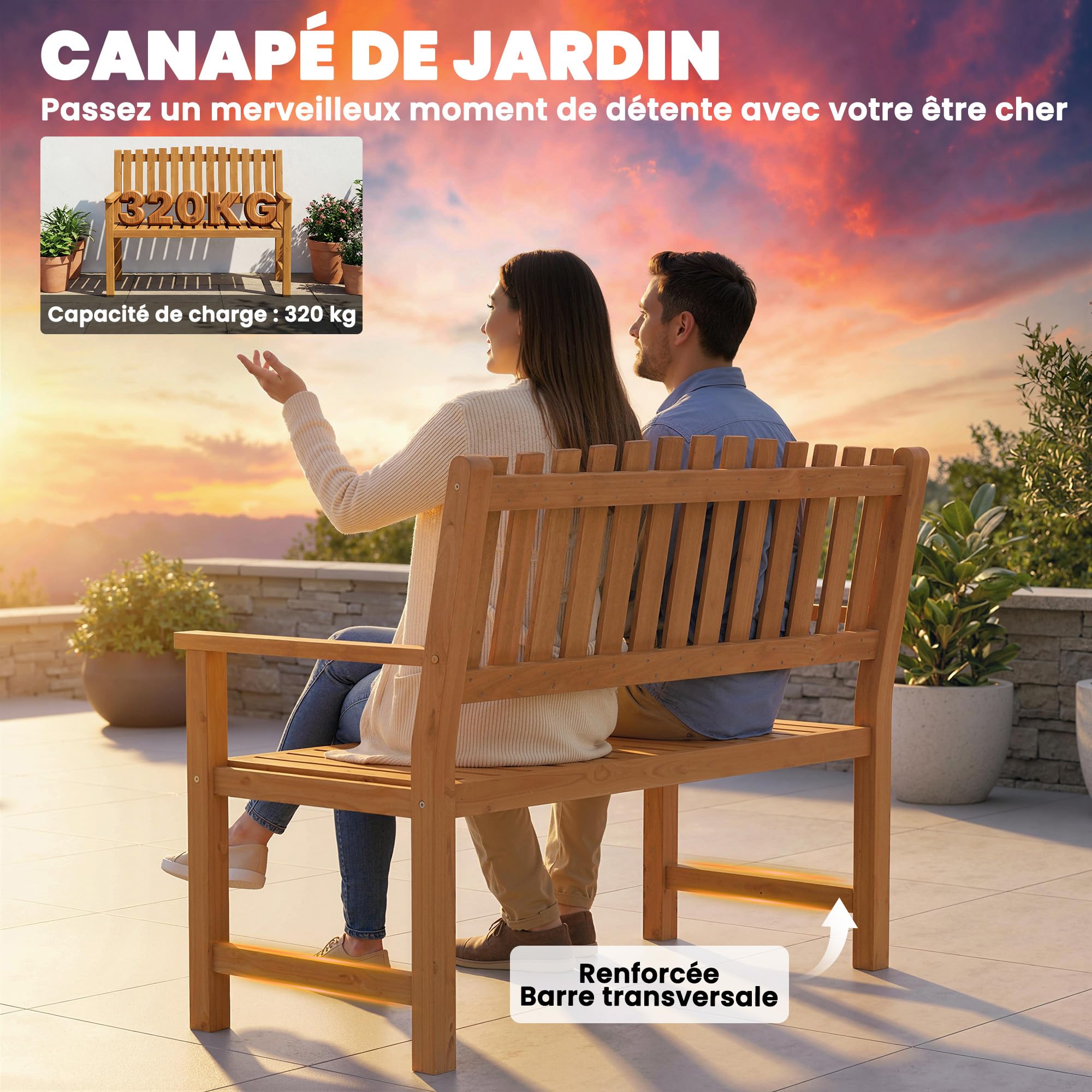 Outsunny Banc de Jardin 2 Places en Bois d'Acacia - Banquette de Terrasse Charge Max. 320kg - Mobilier pour Aménagement Robuste avec Accoudoirs, Design à Lattes Ergonomique, Finition Huilée Naturelle