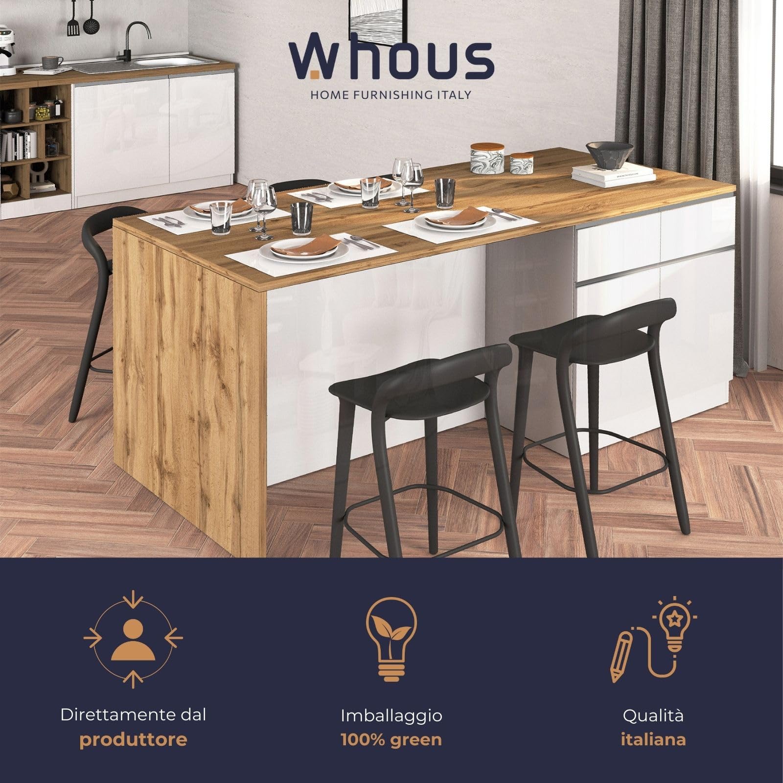WHOUS Isola Cucina SOLE con 4 Ante e 4 Cassetti, Tavolo da Pranzo e Piano di Lavoro, Ideale per Open Space e Spazi Ridotti, 200x90x90 cm, Bianco Lucido e Rovere