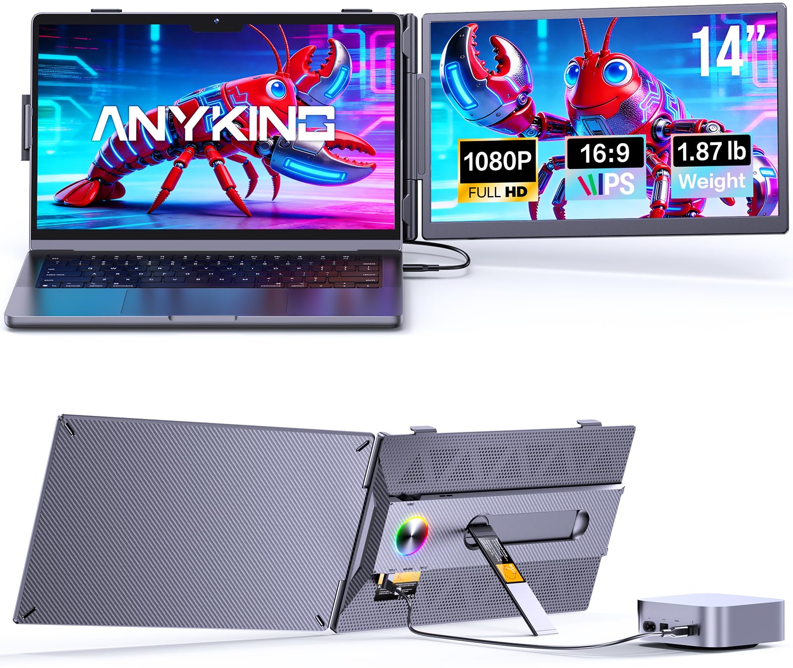 Anyking Laptop Screen Extender, 14” FHD 1080P Portable Monitor for Laptop with 100% sRGB, Dual Screen Extender for Laptop 13–17.3”, Plug & Play External Monitor, Business Travel & Home Office - 2