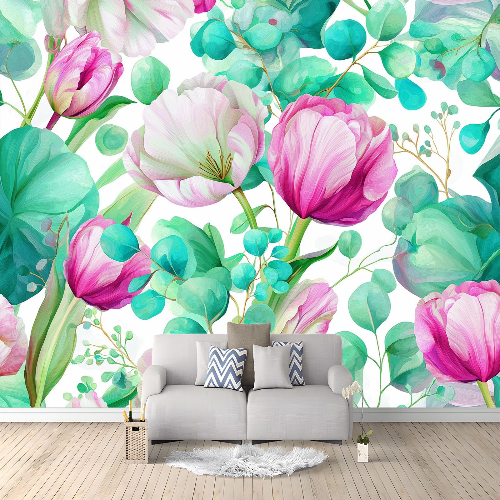 Générique Nowoczesna tapeta panoramiczna tulipan liść natura kwiat 200 x 140 cm wysokiej jakości gobelin ścienny z włókniny - dekoracja ścienna, do pokoju dziecięcego i biura zielona