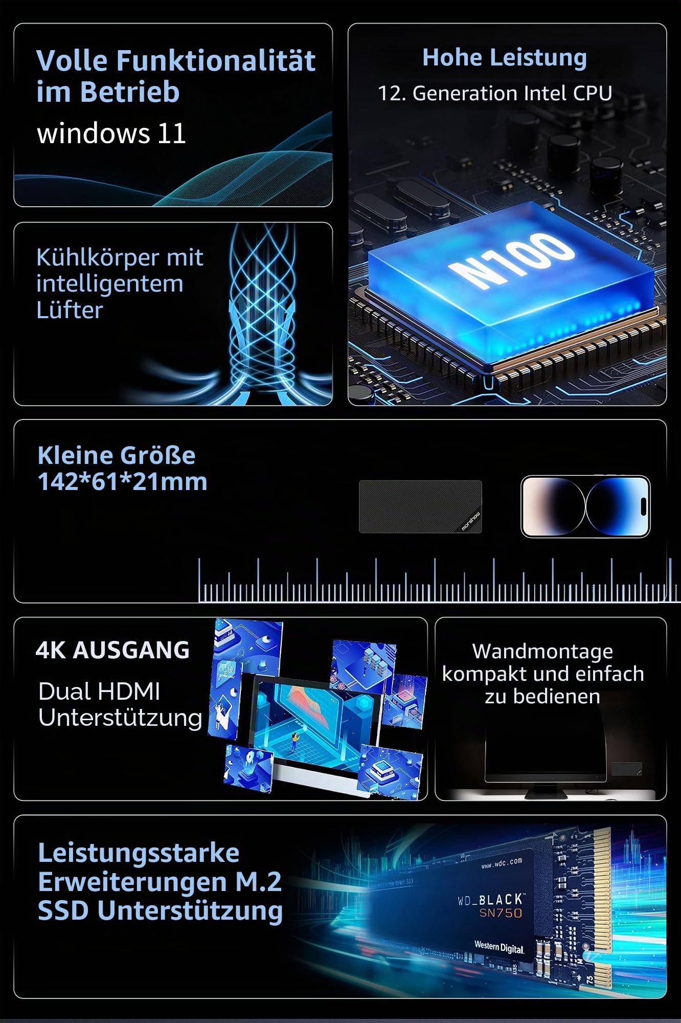 WayPonDEV BY52 In-tel Alder-N Lake N100 Mini-Computer, Windows 11 Pro Mini-PC, LPDDR5 RAM, M.2 2280 NVME SSD, unterstützt Dual 4K Display, WiFi6/BT5.2, Mikro-PC für Büro-Heimkino (BY52 H2 （16+512GB）)