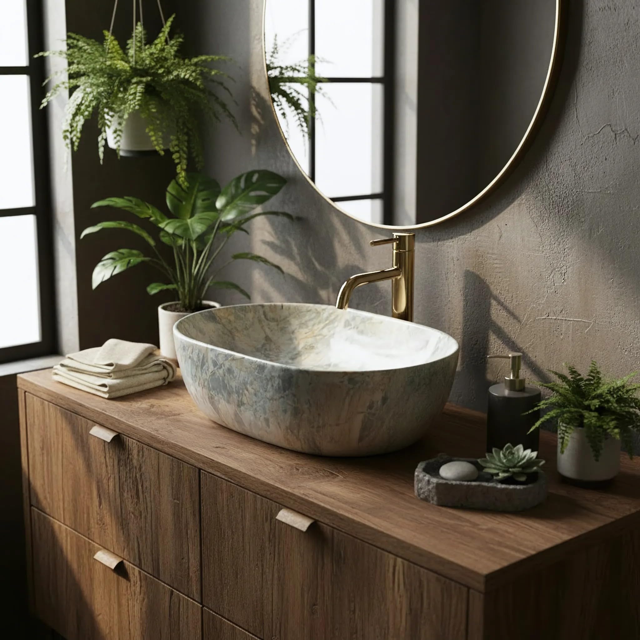Rea - Lavabo sobre encimera Amelia Rustrstone 48 - Cerámica - Beige - 48x34,5x13,5 cm