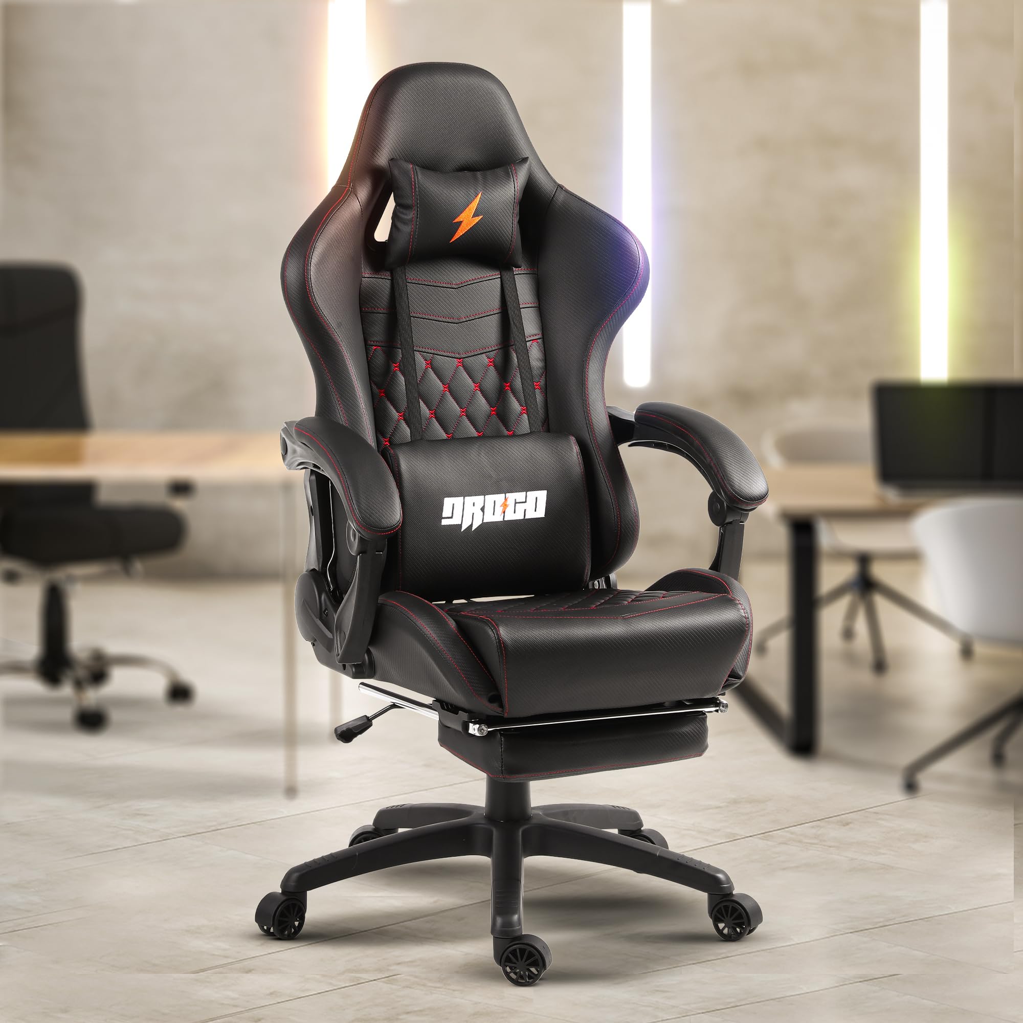 BAYBEE Drogo Multi-Purpose Ergonomic Gaming Chair with 7 Way Adjustable Seat, Head & USB Massager, PU Leather Lumbar Pillow Home & Office Chair with Full Reclining Back Footrest (Black)