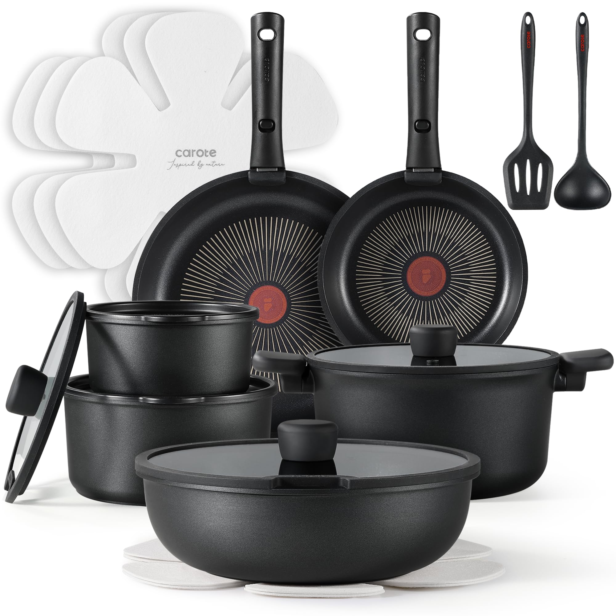 CAROTE 20pcs Non Stick Pots and Pans Set with Temperature Spot, Detachable Handle Nonstick Cookware Set Black, Dishwasher/Oven Safe,RV Camping Cooking Set, Kitchen Pot and Pan Set