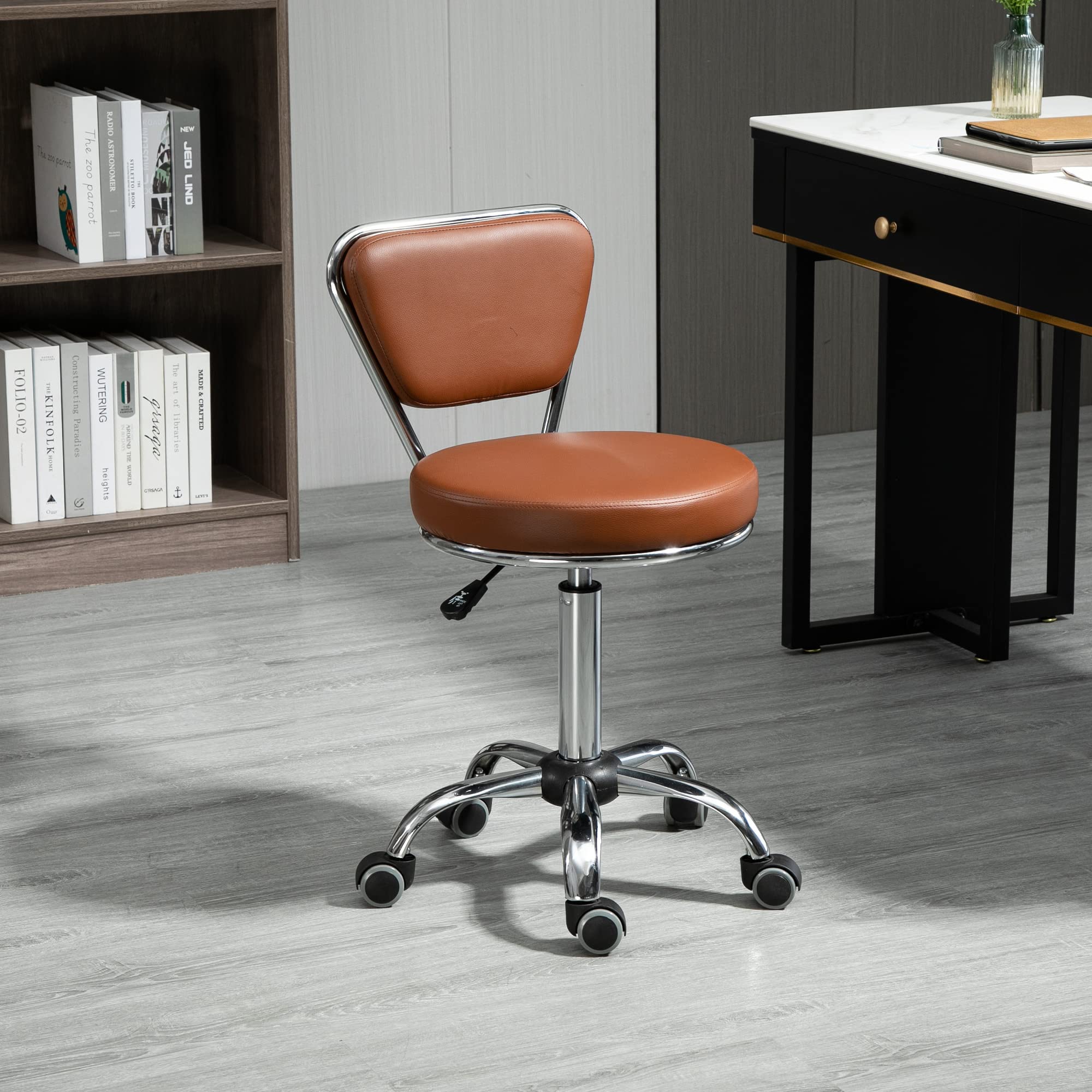 HOMCOM Tabouret de Massage Vintage - Tabouret de Travail pivotant 360° - Hauteur Assise réglable 49-64 cm - revêtement synthétique Marron métal chromé