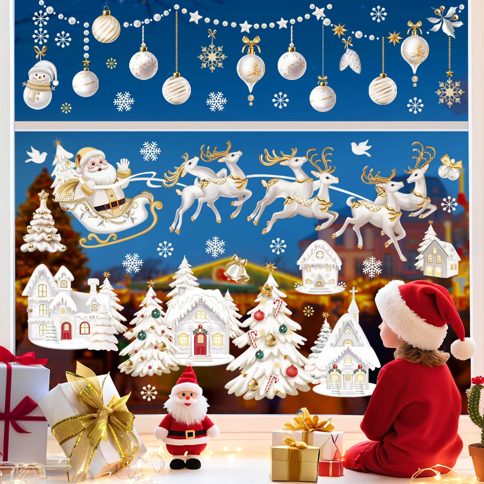 wondever 3D Christmas Snow House Window Clings Christmas Santa Claus Reindeer Glass Sticker Decal Anti Collision Double-Side Static Window Stickers for Glass Xmas Party - Image 3
