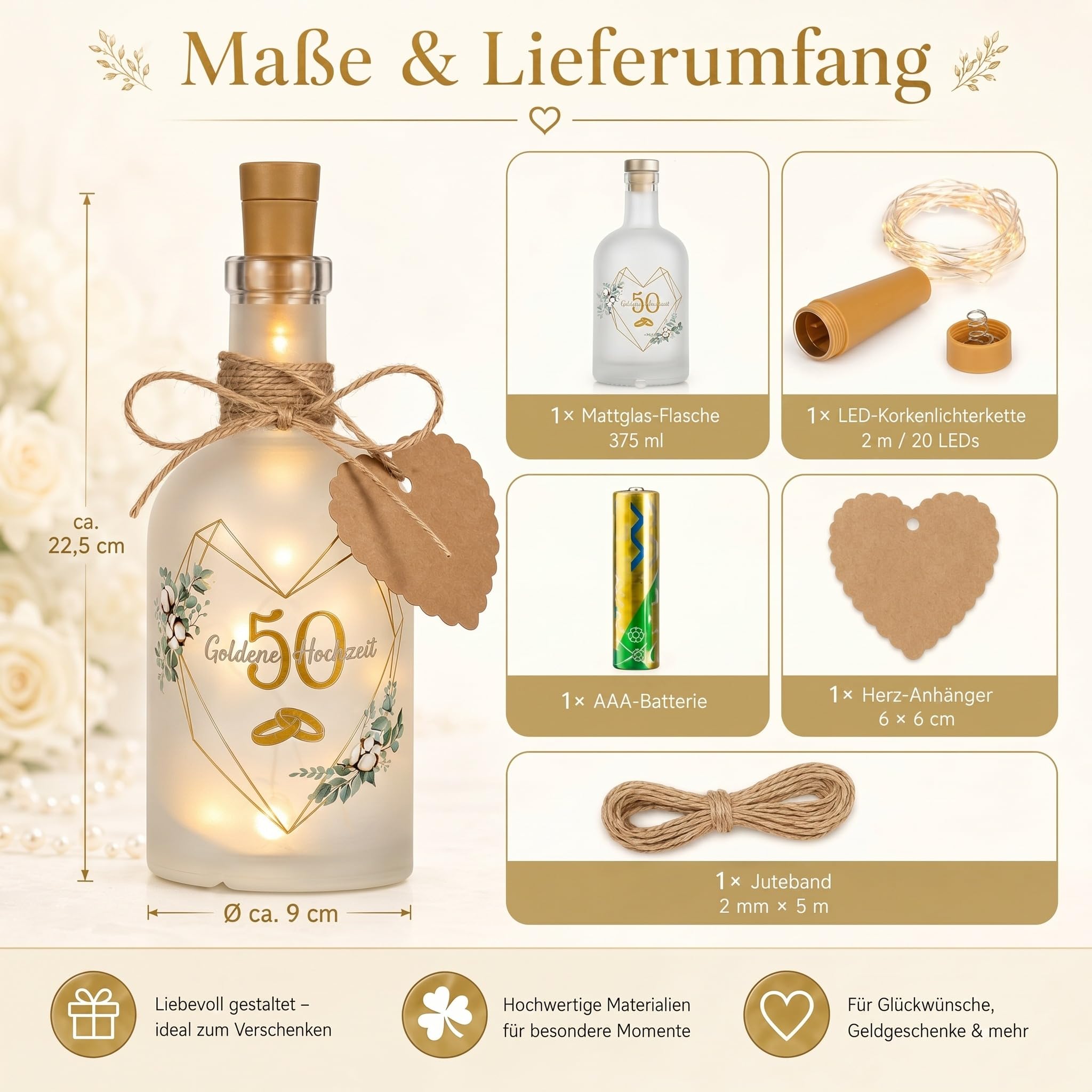 BBTO LED Flaschenlicht mit Spruch Goldene Hochzeit, Geldgeschenke Verpackung 50 Hochzeitstag Beleuchtete Dekoflasche, Hochzeitsgeschenk Jahrestag Geschenk für Eltern Paare Silberhochzeit Jubiläum