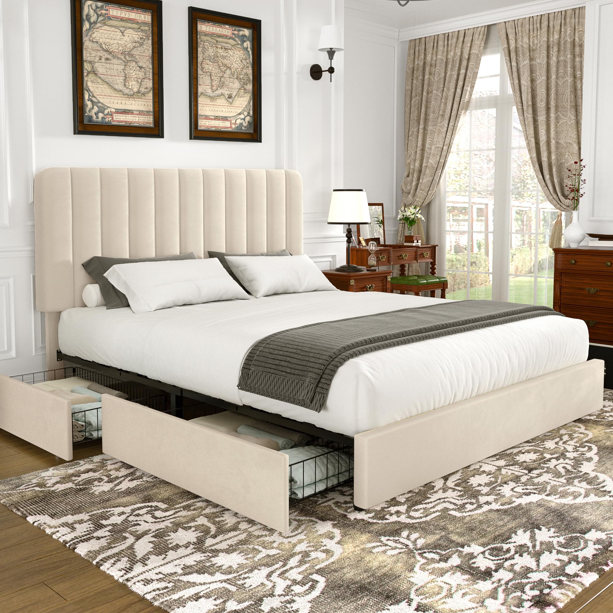 ベッドフレーム 160cm bed frame with drawers Amazon.com: VECELO Queen Size Upholstered Bed Frame with 4 Drawers