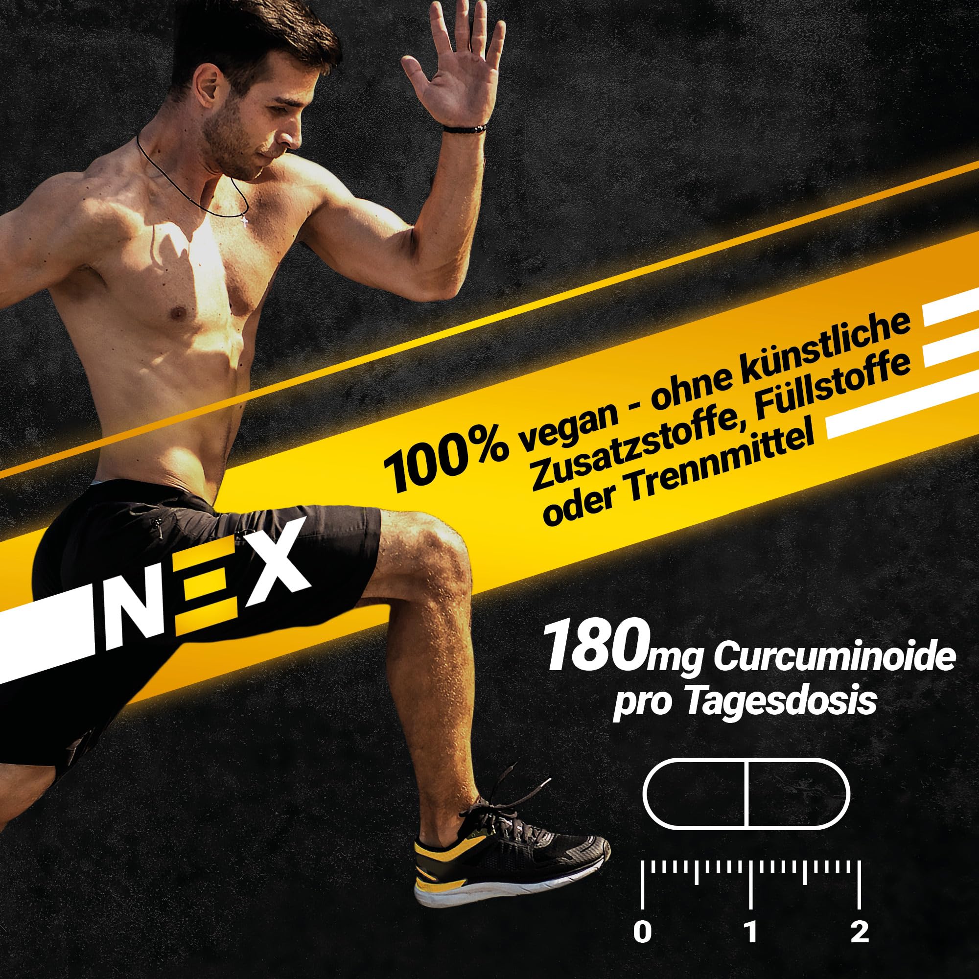 NEX Curcuma Pro Kapseln | 180 mg Curcuminoide aus Curcumaextrakt mit 2 mg Piperin | hochkonzentrierter Pflanzenstoff | vegan, rein & ohne Zusatzstoffe | ideal für tägliche Anwendung | 120 Kapseln (3)