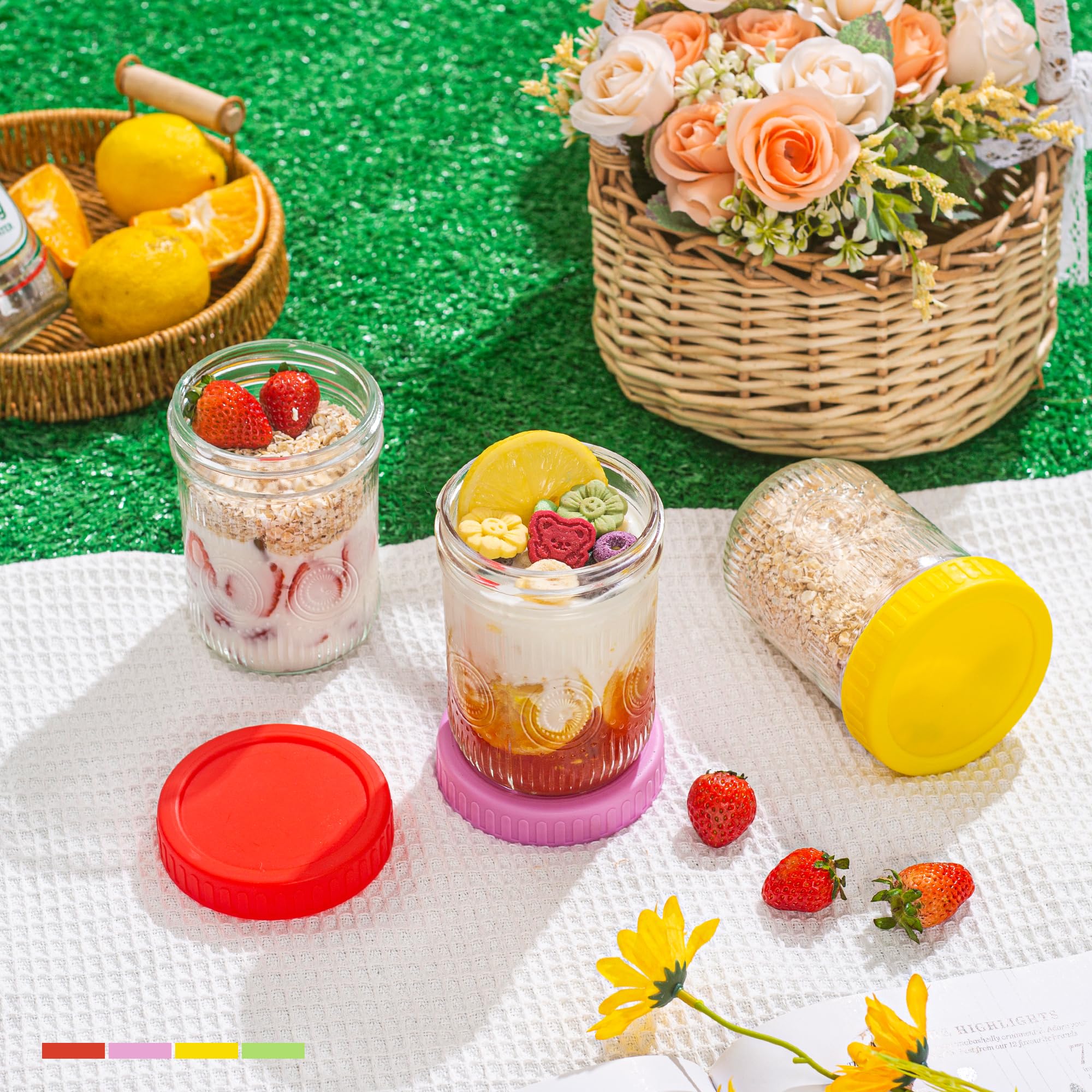 Amzcku Contenitori in vetro per avena con coperchio, 473,6 g, a bocca larga, per avena, cereali, yogurt, insalata, multicolori, confezione da 4