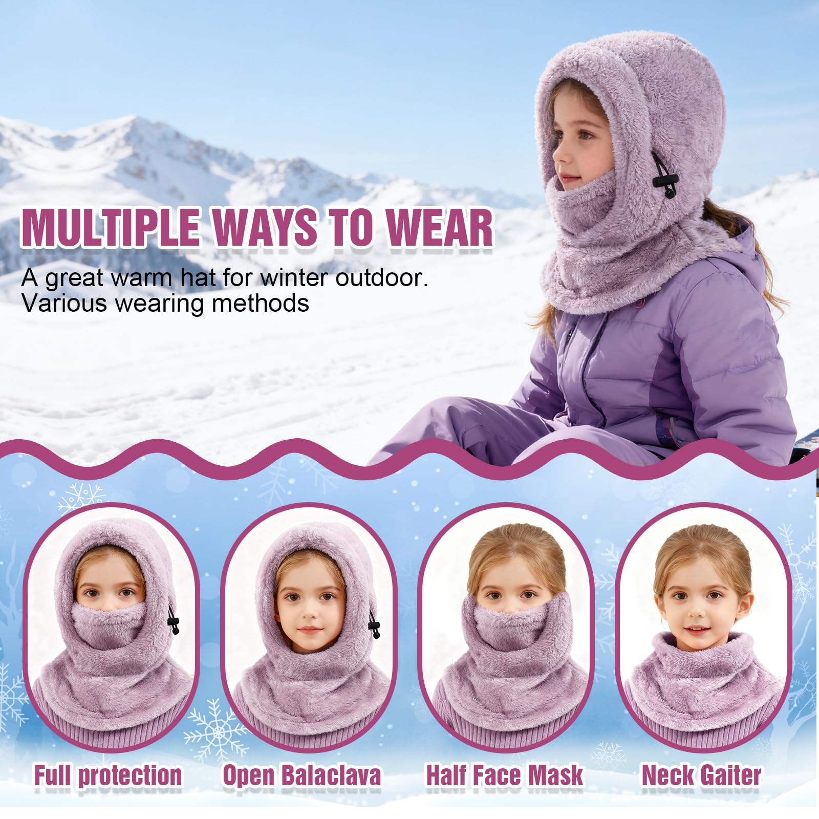 Pasamontañas Térmico de Invierno Niños 3-9,Multifuncional Prueba de Viento Ajustable Máscara De Esquí Ciclismo,Sombreros Gorro Forro Polar Cálido,Calentador de Cuello Mascarilla para Niños Niñas