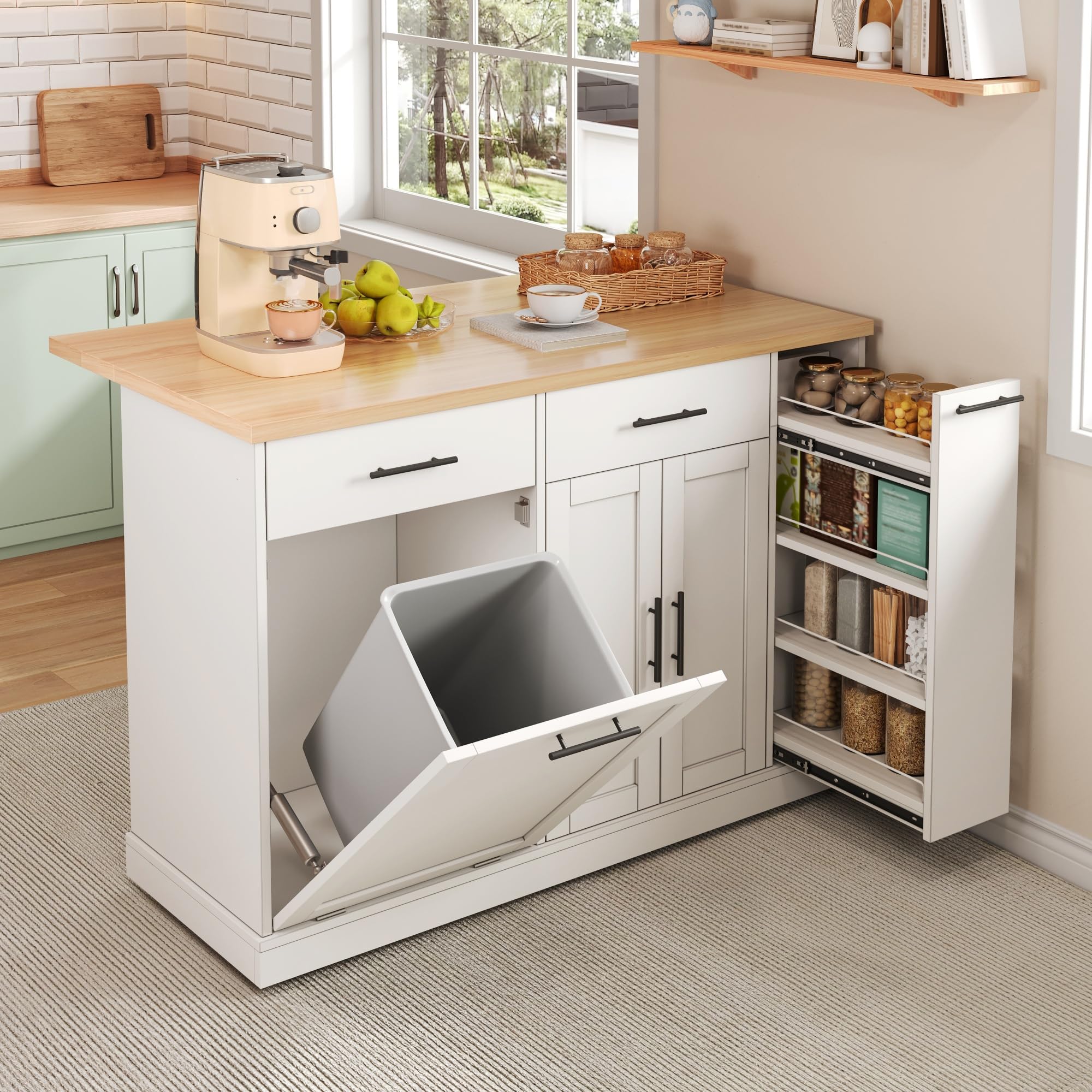 Merax Kücheninsel Freistehend mit Mülleimer, Küchenwagen mit Rollen, Küchenschrank mit Klappbarer Arbeitsplatte, 4 Gewürzregal, 2 Schubladen, Mülleimer Schrank für Küche, 120x70x93,5cm, Weiß