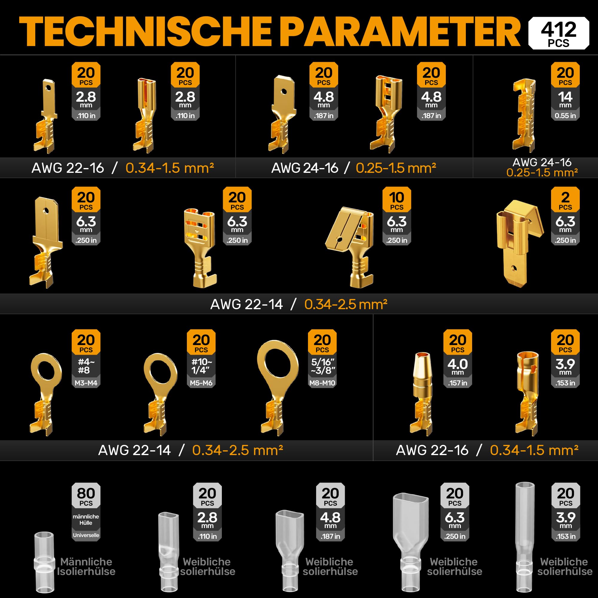 SOMELINE Crimpzangen Set, 14 Arten [0,25-2,5mm²] Flachsteckhülsen Set, Flachsteckhülsenzange, Spade Steckverbinder Krimpzange, Crimpzangen Tool, Crimp Zange, Crimpwerkzeug, Crimp Tool, Presszange