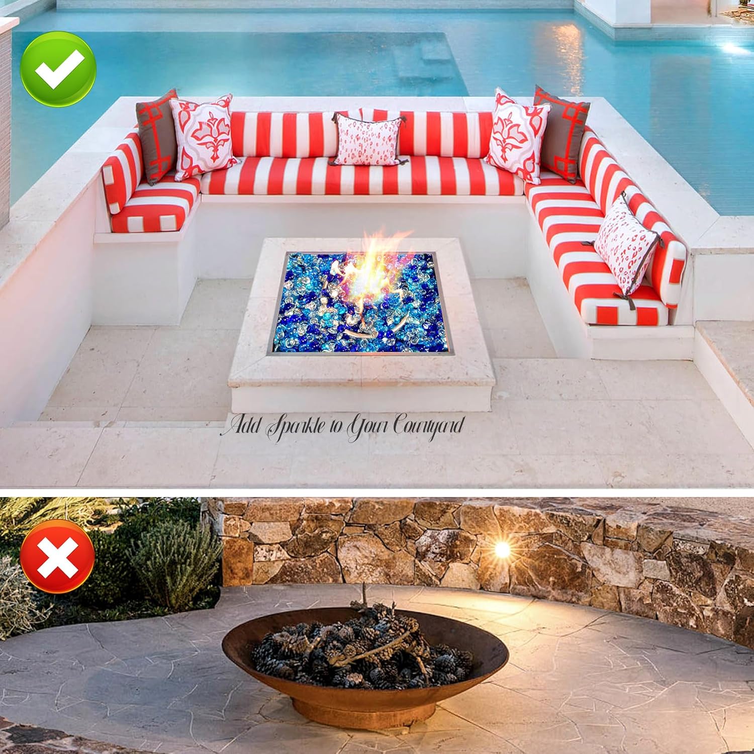 20 Pounds Mixed-Color Fire Glass Beads 3/4 Inch Firepit Gems for Fire Pit Table, Fireplaces, Fire Bowl, Garden Landscaping & DIY Crafts (Cobalt Blue, Oceanic Blue, Crystal Clear)​​