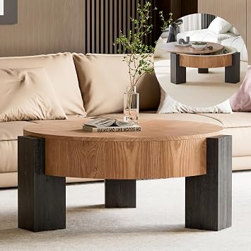 Round Coffee Table with Storage, Modern Living Room Table Accent Tea Table with Black Wood Grain Legs Center Table for Home Bedroom Balcony Office 31.5" Natural