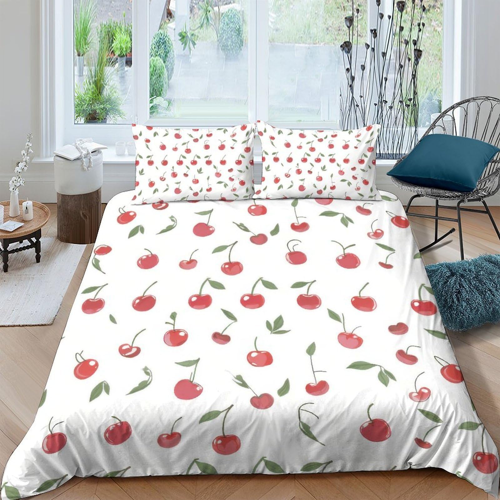 GPLZQXKJNH 3D Printed Cherry Pattern Duvet Cover Microfiber Soft Breathable Fruit Bedding Set with 2 Pillowcases for Bedroom Decor Single（135x200cm）