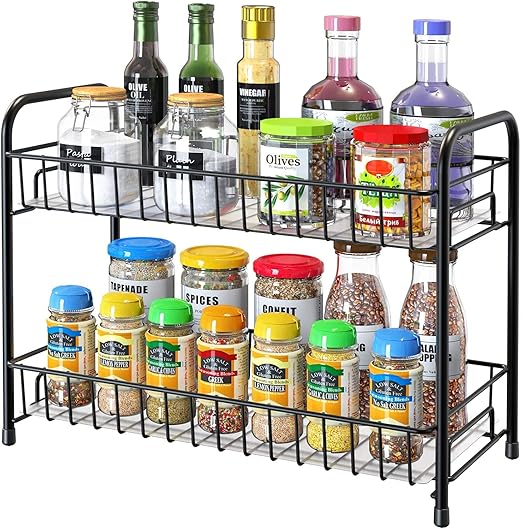 Lyrovo Metal 2 Tier Kitchen Countertop Spice Container Organizer Rack with Shelf Liner for Cabinet Pantry Office (Black) at Rs. 526