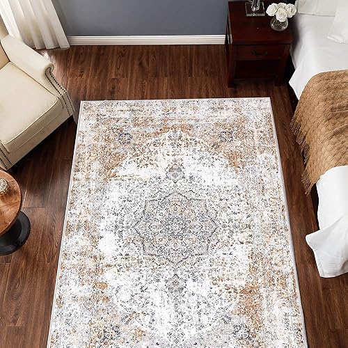 JINCHAN Area Rug 4x6 Persian Rug Taupe Vintage Rug Traditional Floor Cover Foldable Thin Rug Retro Kitchen Accent Rug Indoor Distressed Non Slip Carpet Floral Print Mat Bedroom Living Room Bathroom